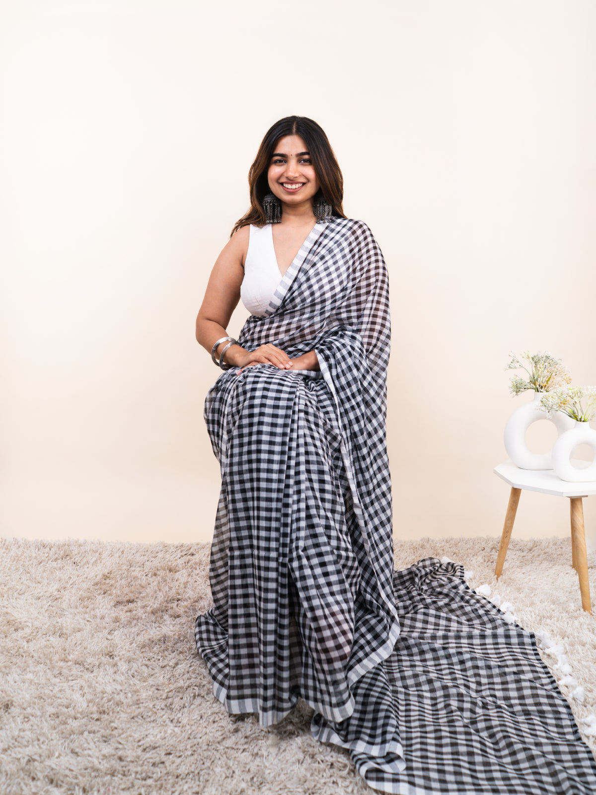 Black Checks Mulmul Saree