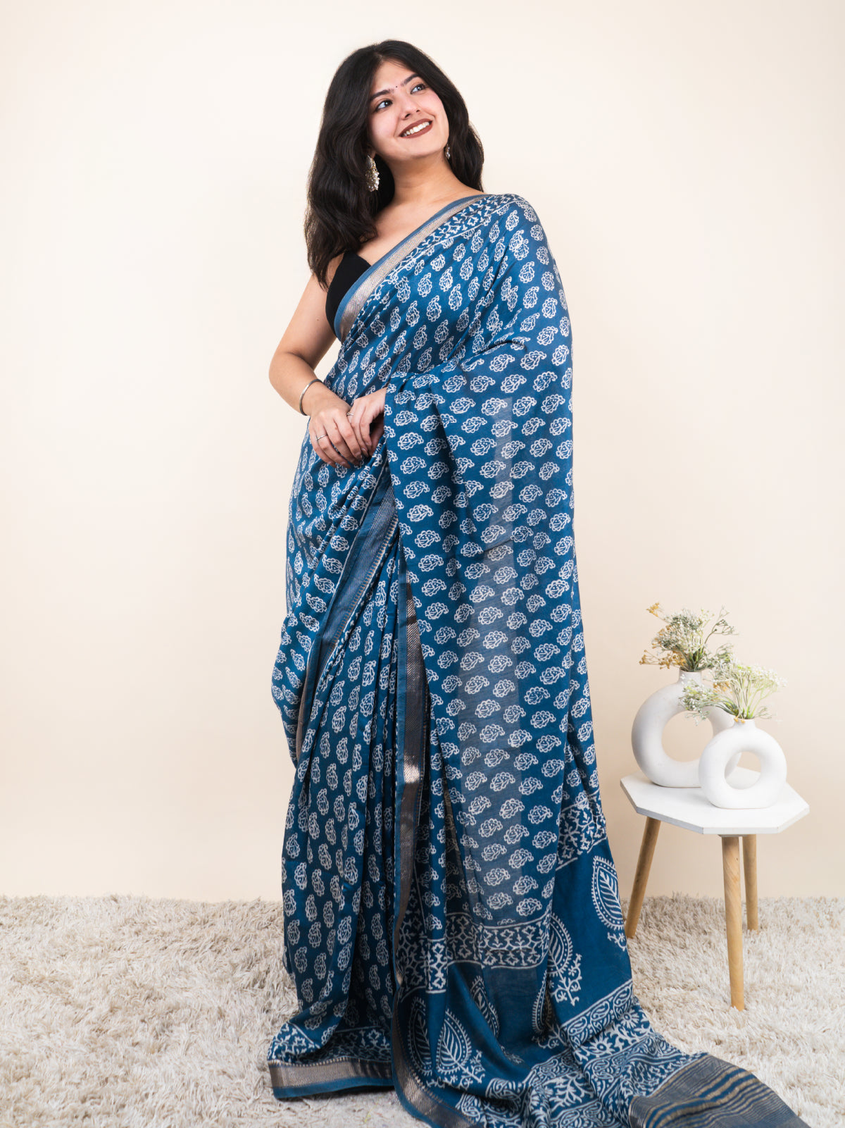 Ocean Mist Maheshwari Cotton Silk Saree