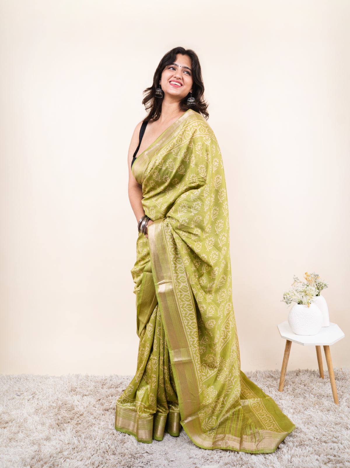 Pista Green Maheshwari Cotton Silk Saree