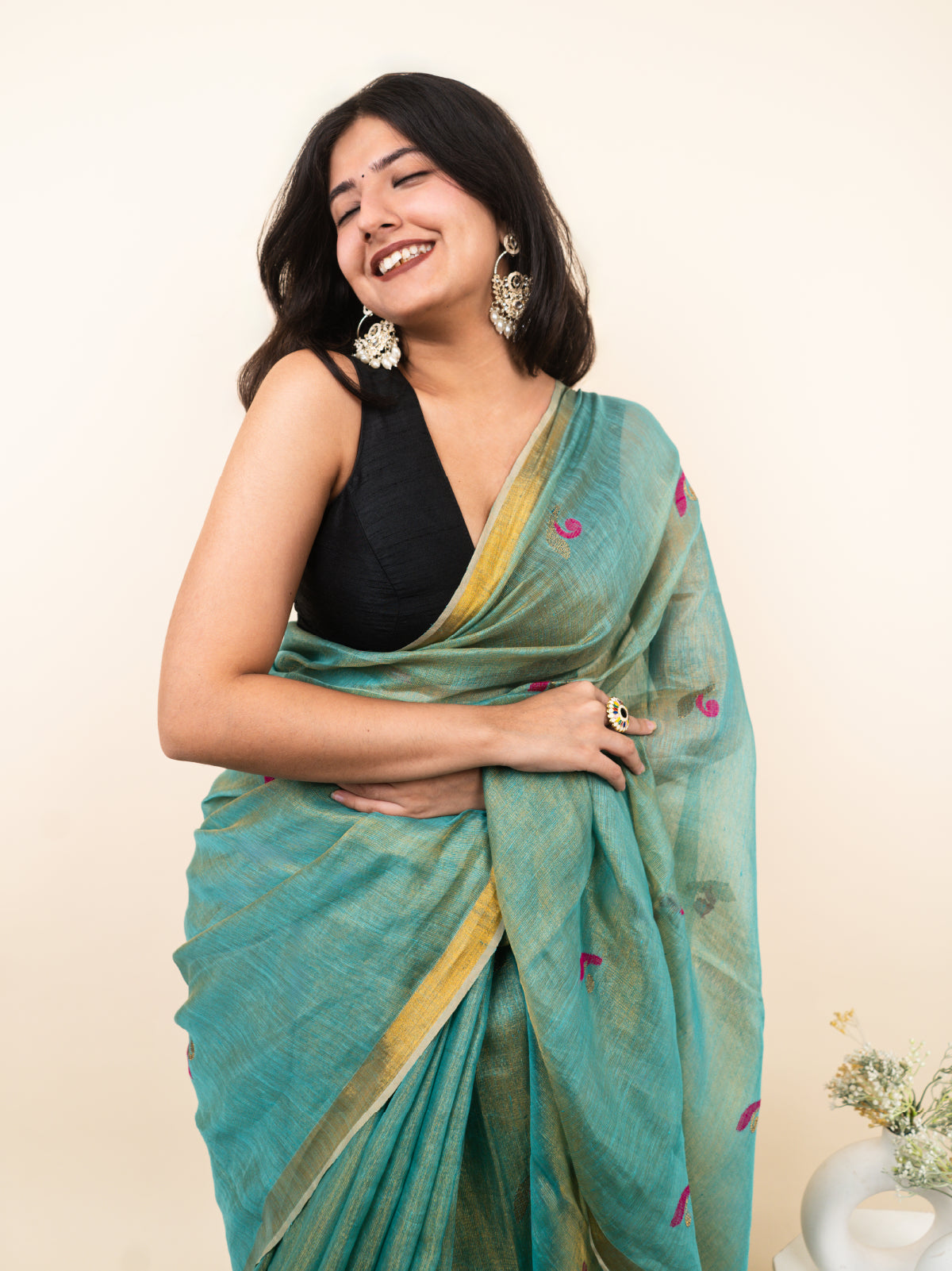 Emerald Flow Linen Tissue Saree