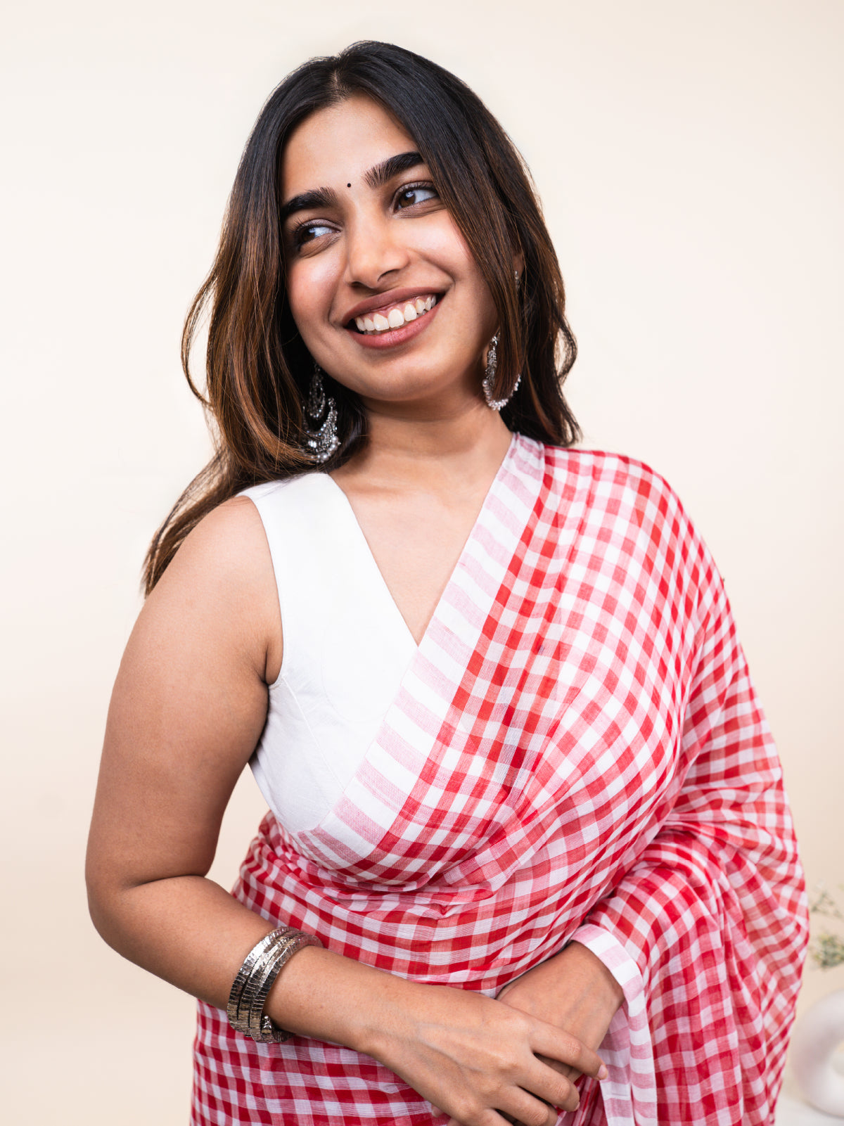 Red Core Checks Mulmul Saree