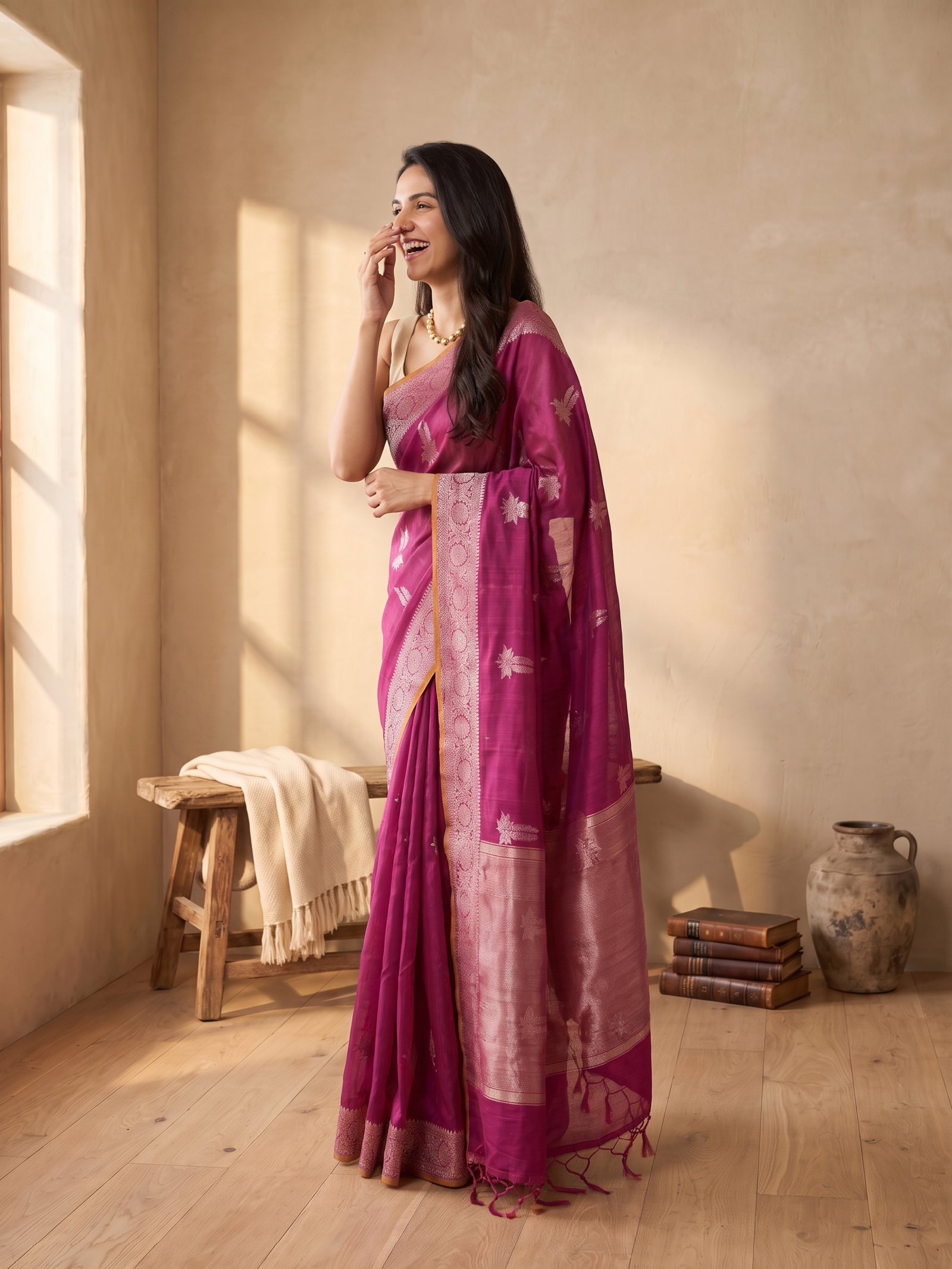 Wine Royale Tussar Silk Banarasi Saree