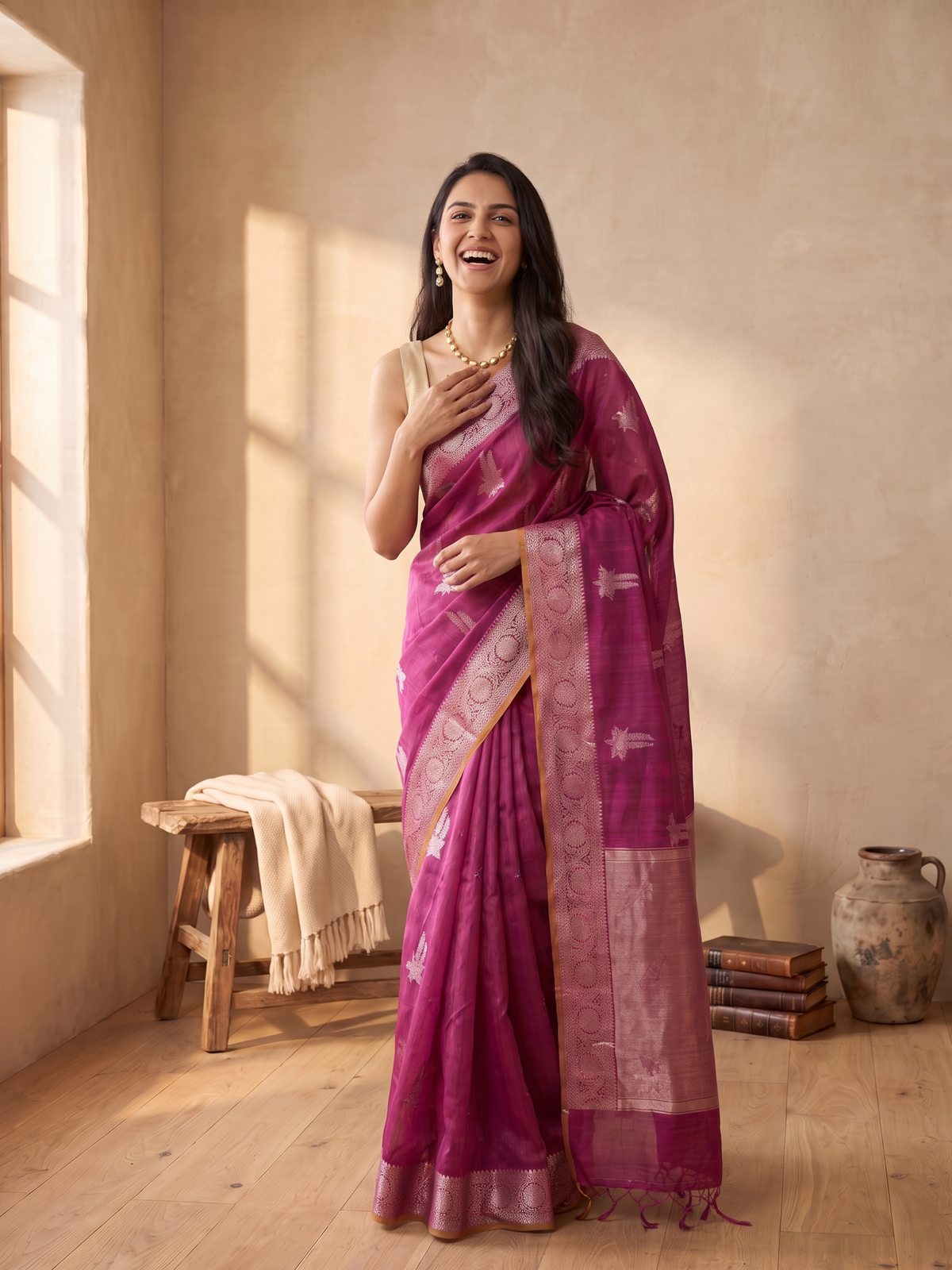 Wine Royale Tussar Silk Banarasi Saree