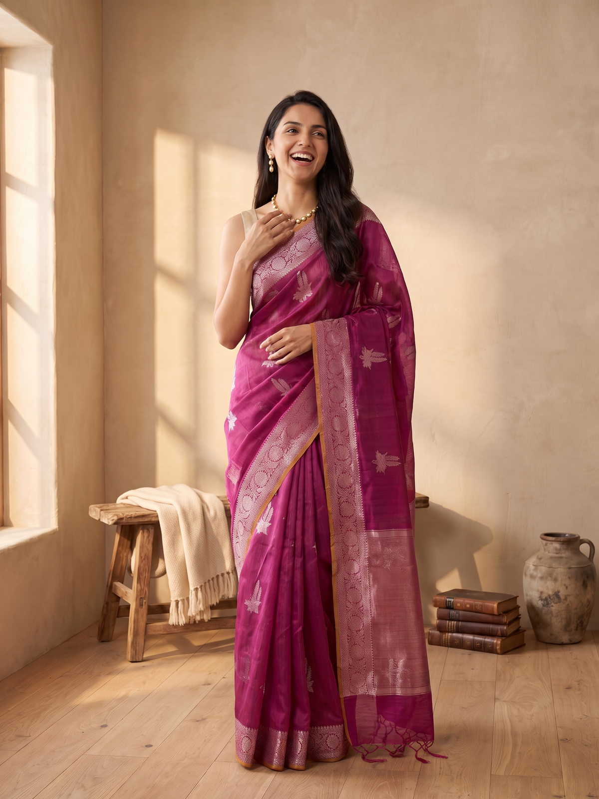 Wine Royale Tussar Silk Banarasi Saree