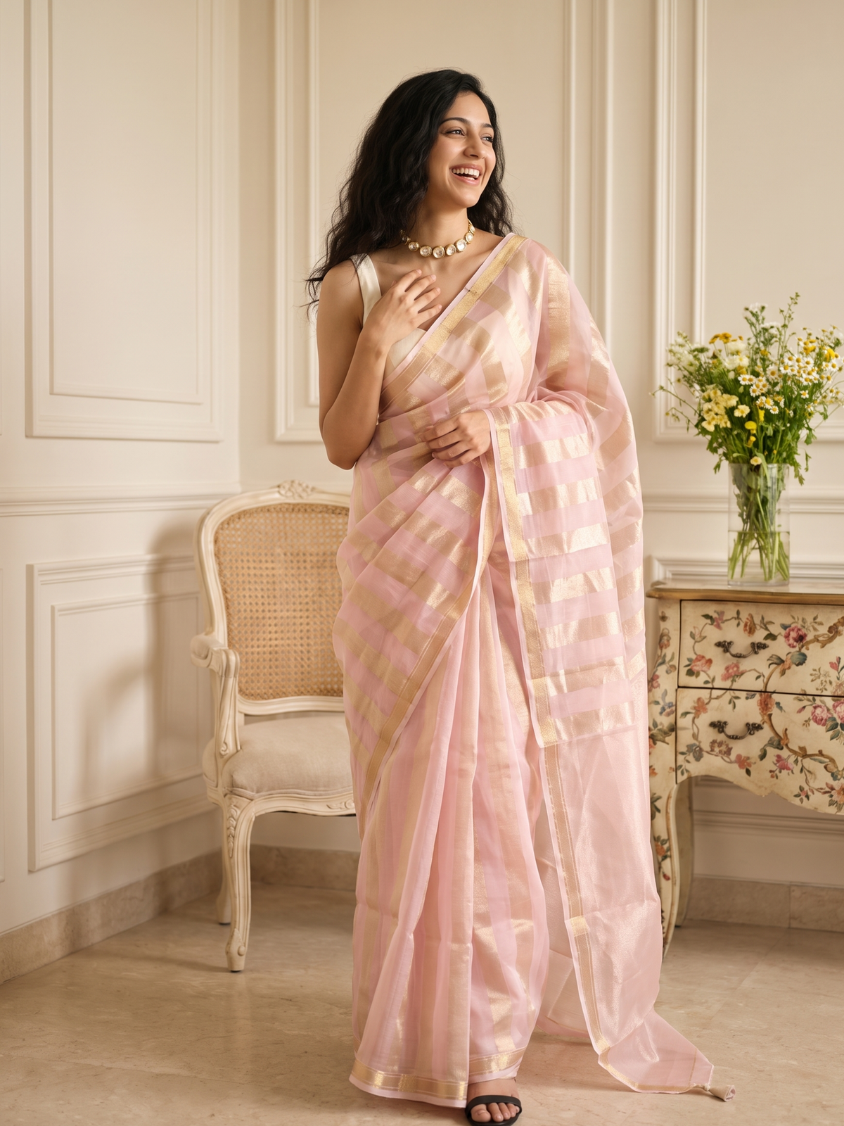 Gulabi Chand Kora Tissue Saree