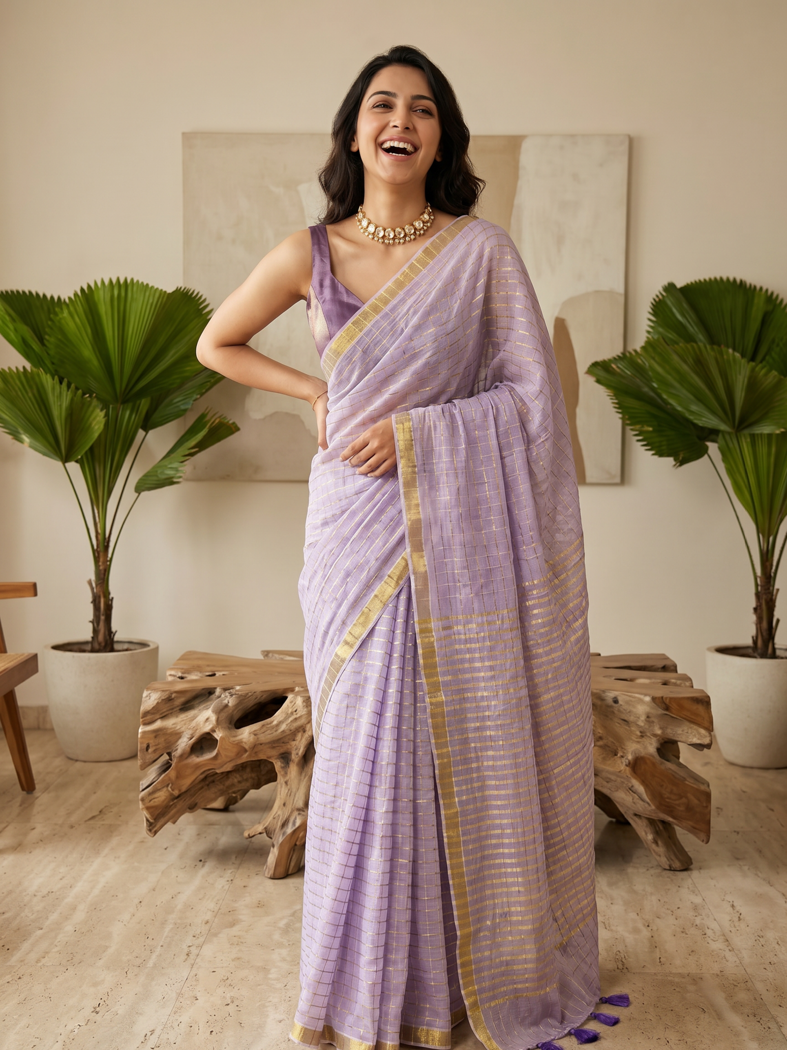 Lilac Gold Mulmul Saree