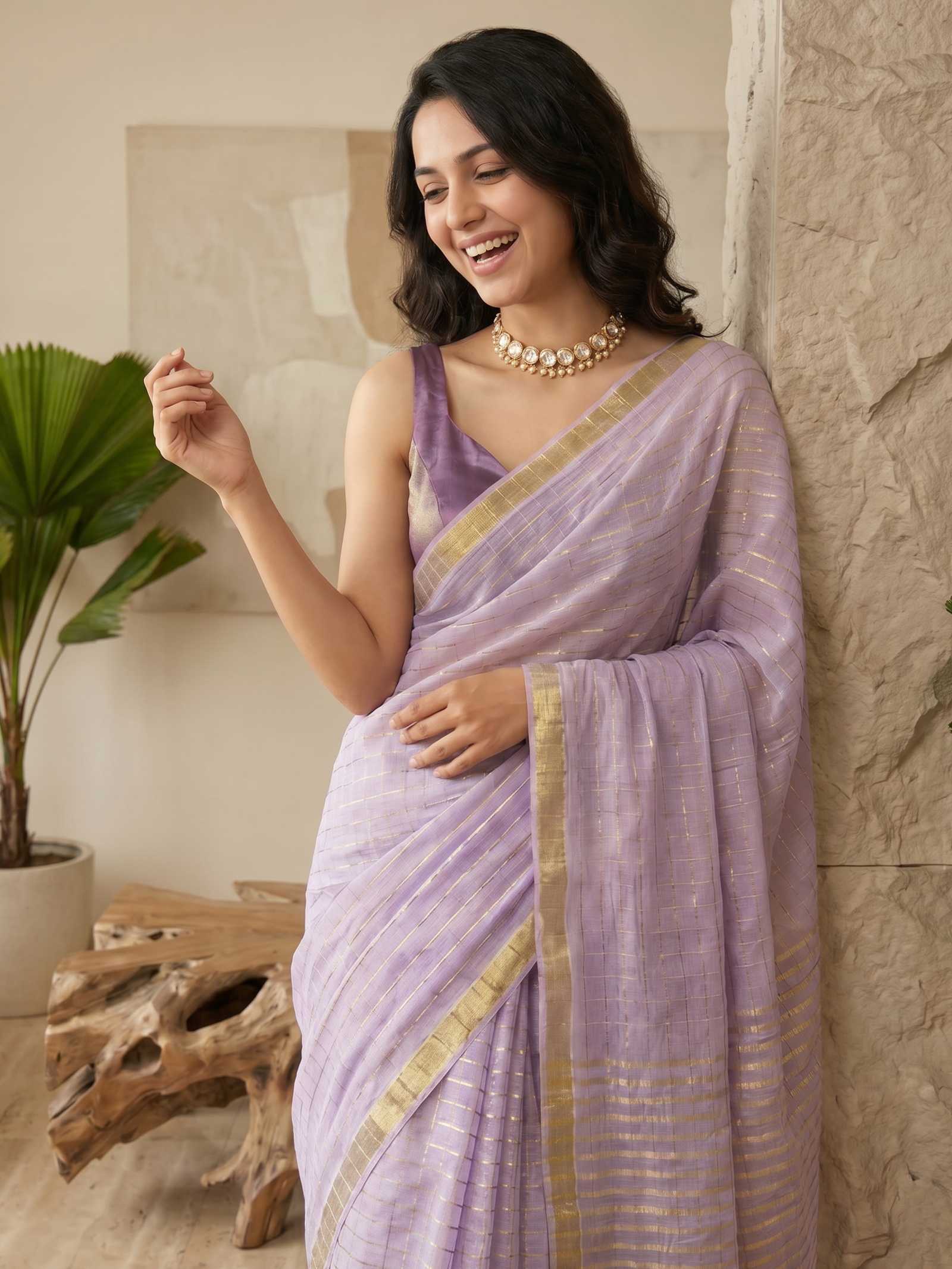 Lilac Gold Mulmul Saree