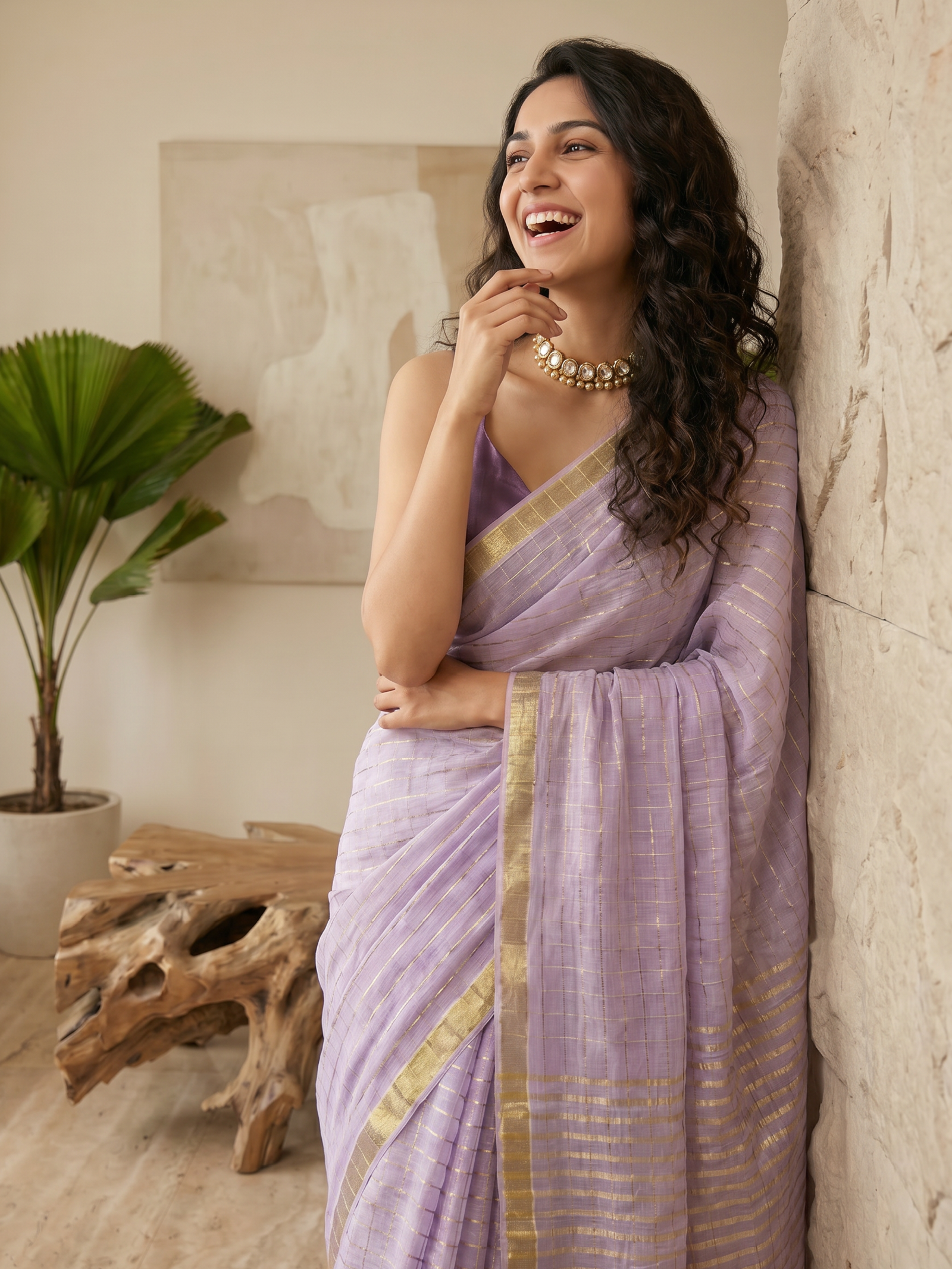 Lilac Gold Mulmul Saree