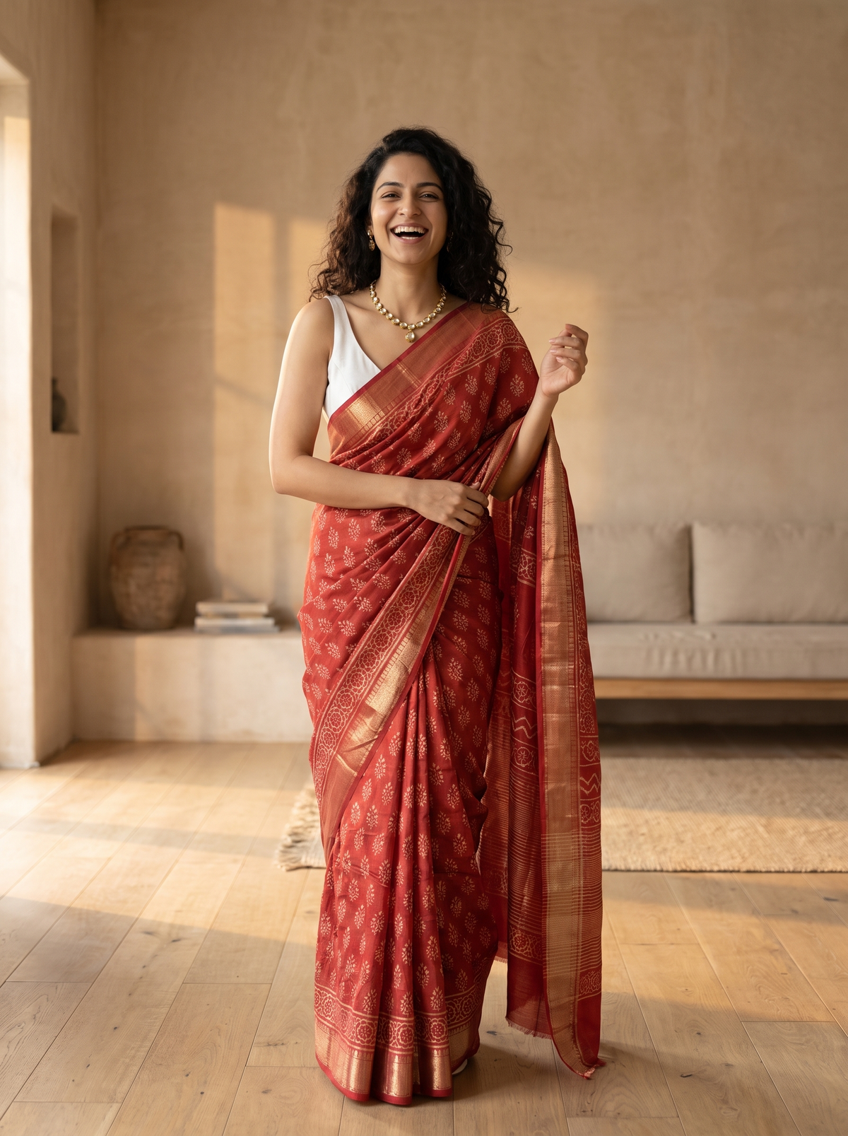 Red Blossom Maheshwari Cotton Silk Saree