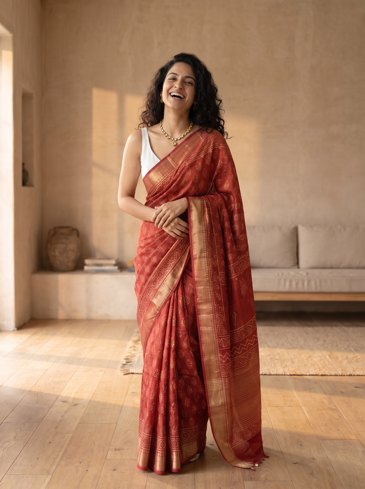 Red Blossom Maheshwari Cotton Silk Saree