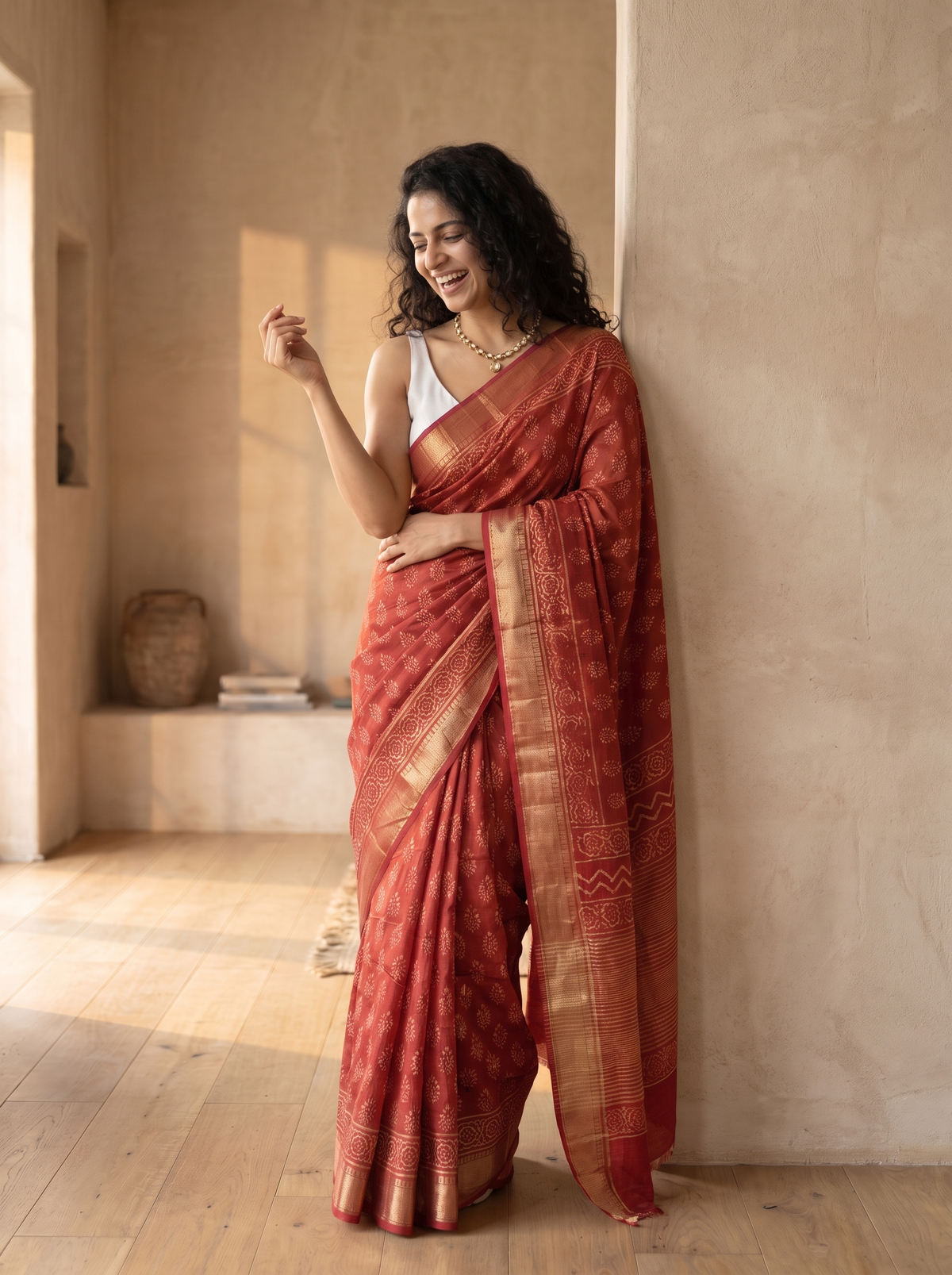 Red Blossom Maheshwari Cotton Silk Saree