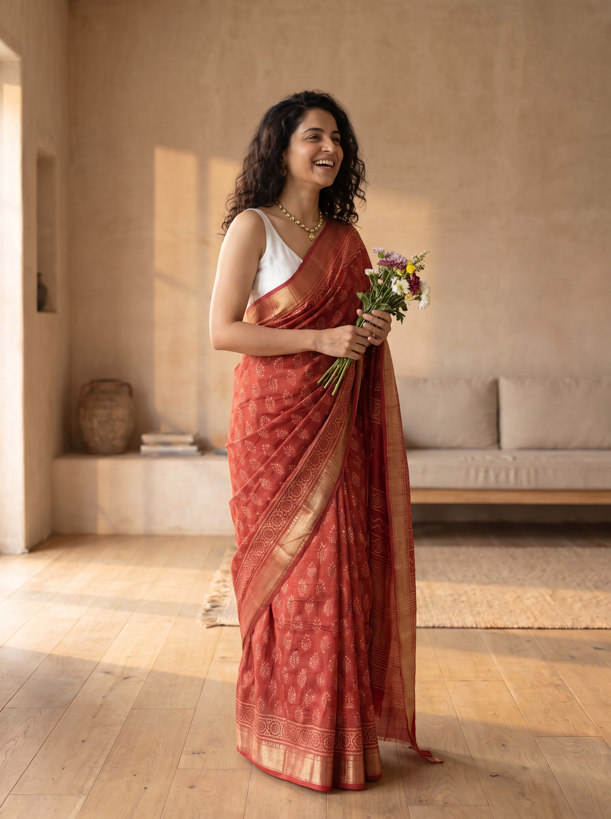 Red Blossom Maheshwari Cotton Silk Saree