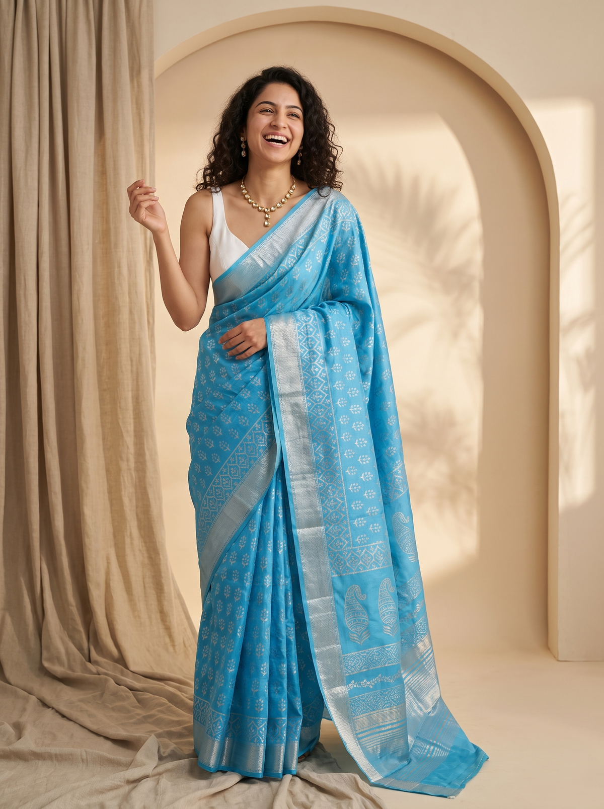 Powder Blue Maheshwari Cotton Silk Saree