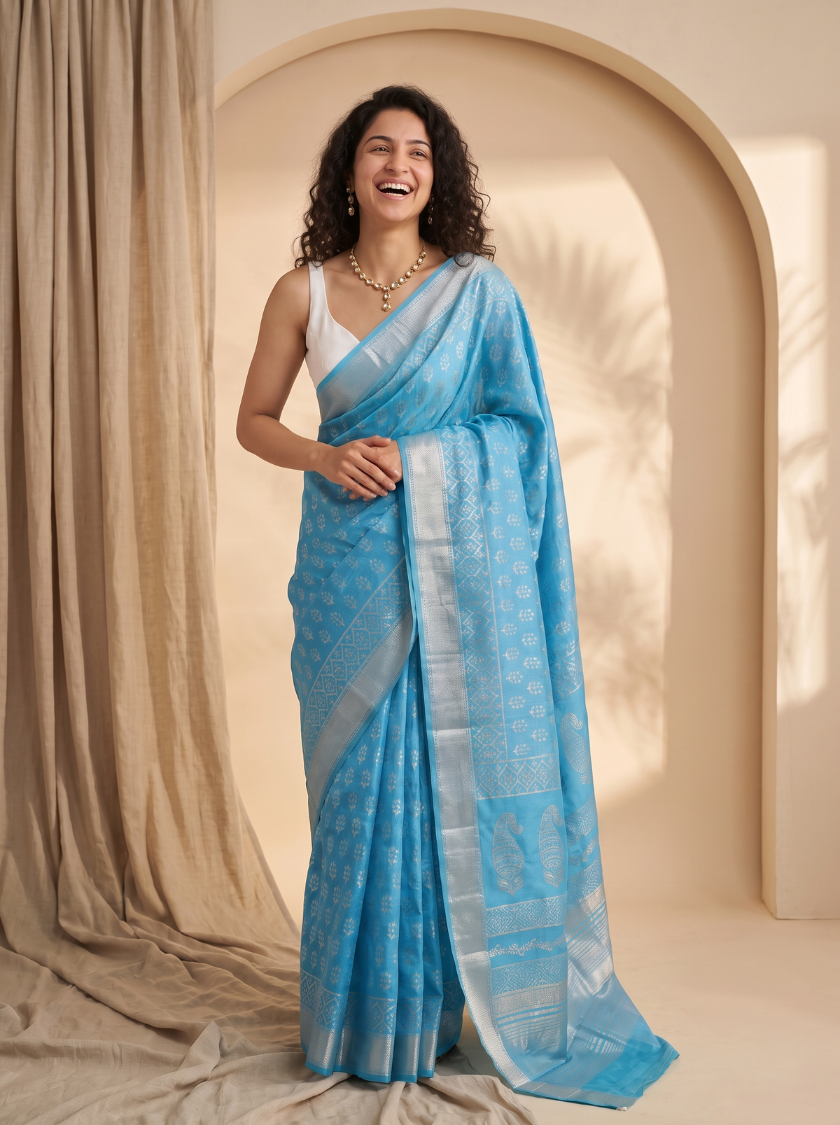 Powder Blue Maheshwari Cotton Silk Saree