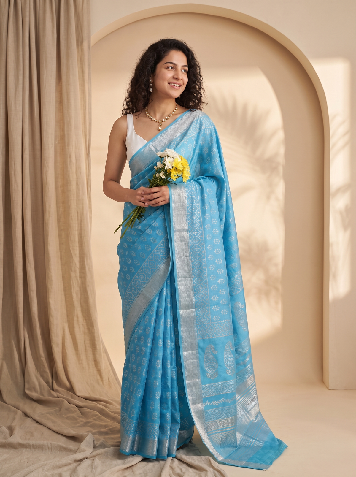 Powder Blue Maheshwari Cotton Silk Saree
