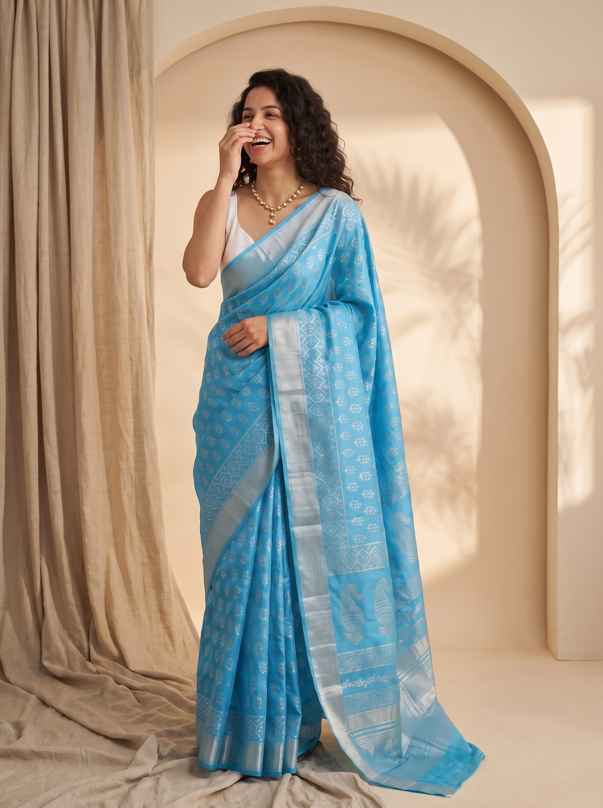 Powder Blue Maheshwari Cotton Silk Saree