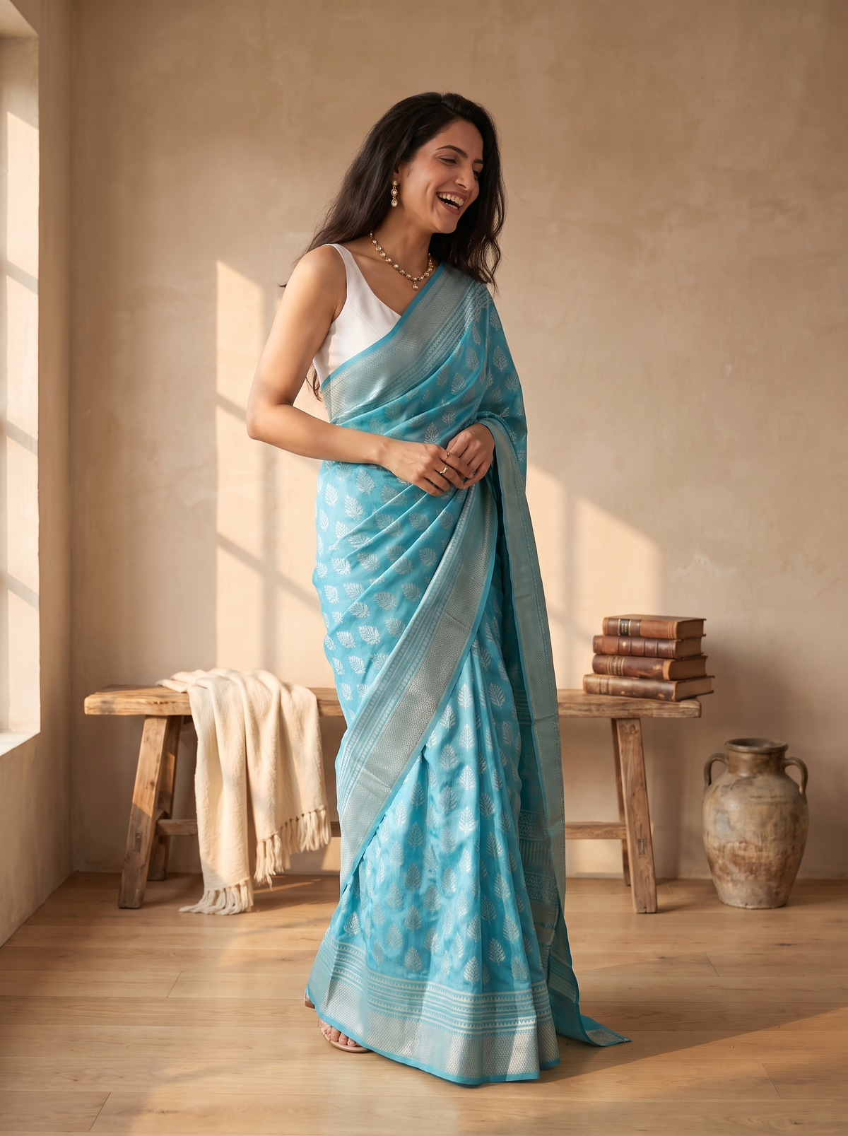 Cloud Blue Maheshwari Cotton Silk Saree