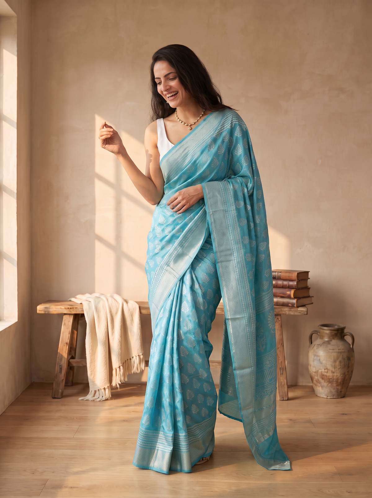 Cloud Blue Maheshwari Cotton Silk Saree