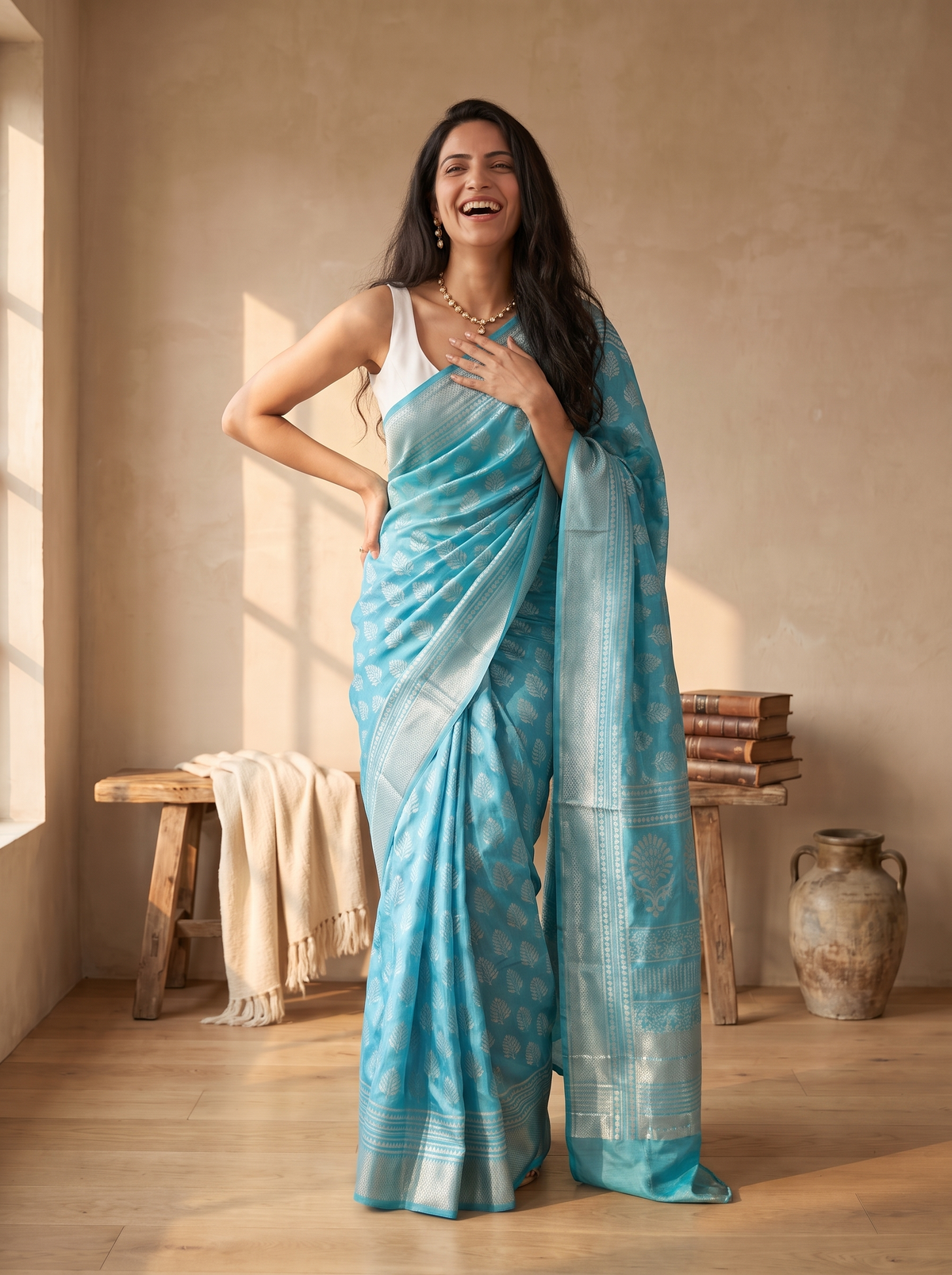 Cloud Blue Maheshwari Cotton Silk Saree
