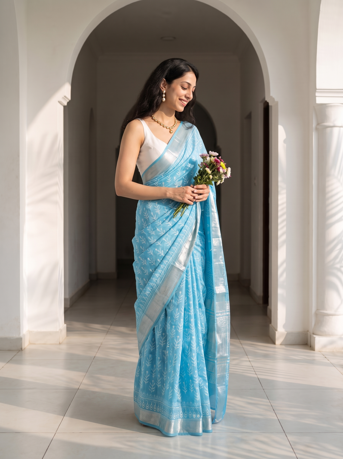 Blue Mist Maheshwari Cotton Silk Saree