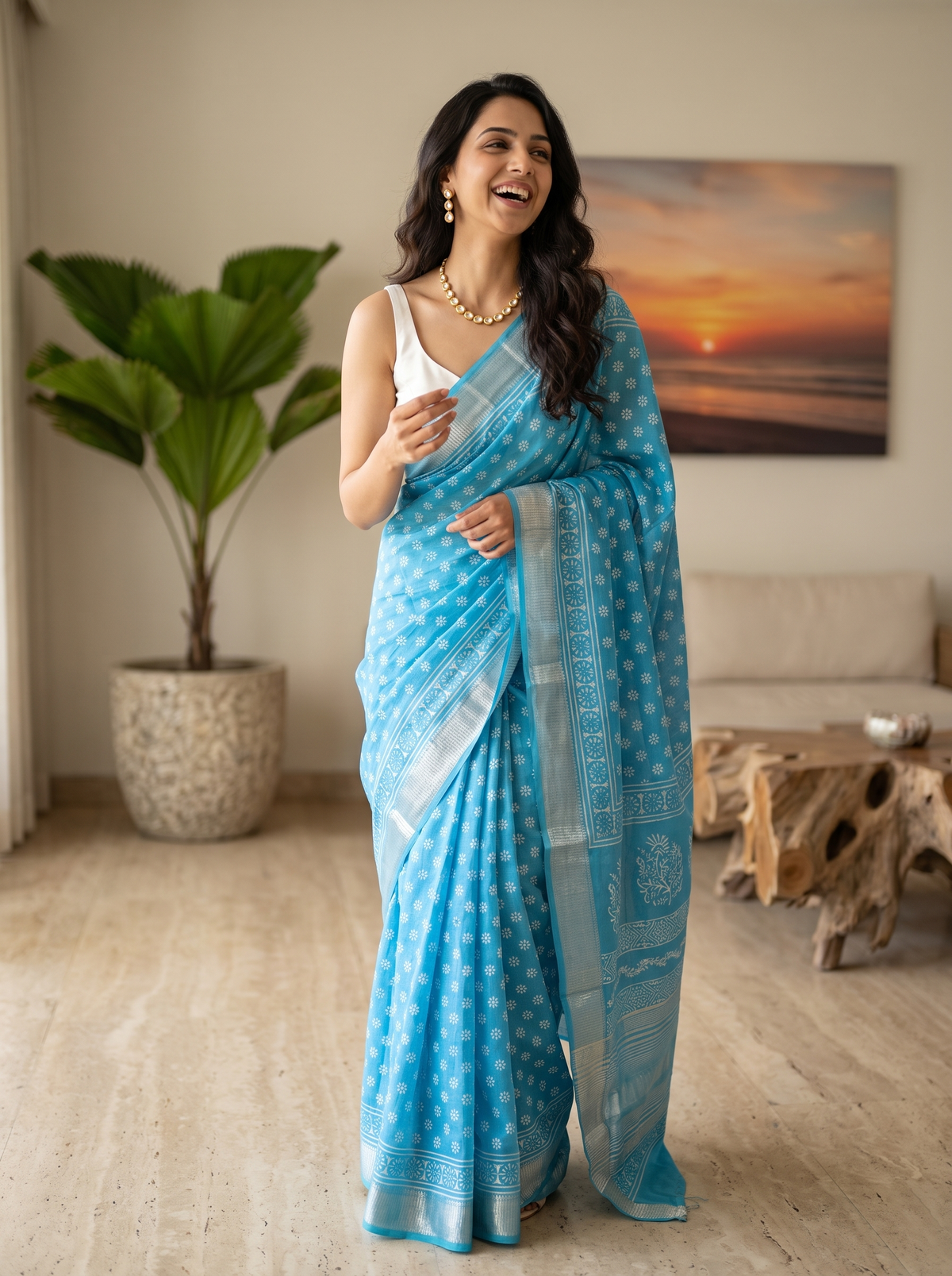 Celestial Blue Maheshwari Cotton Silk Saree