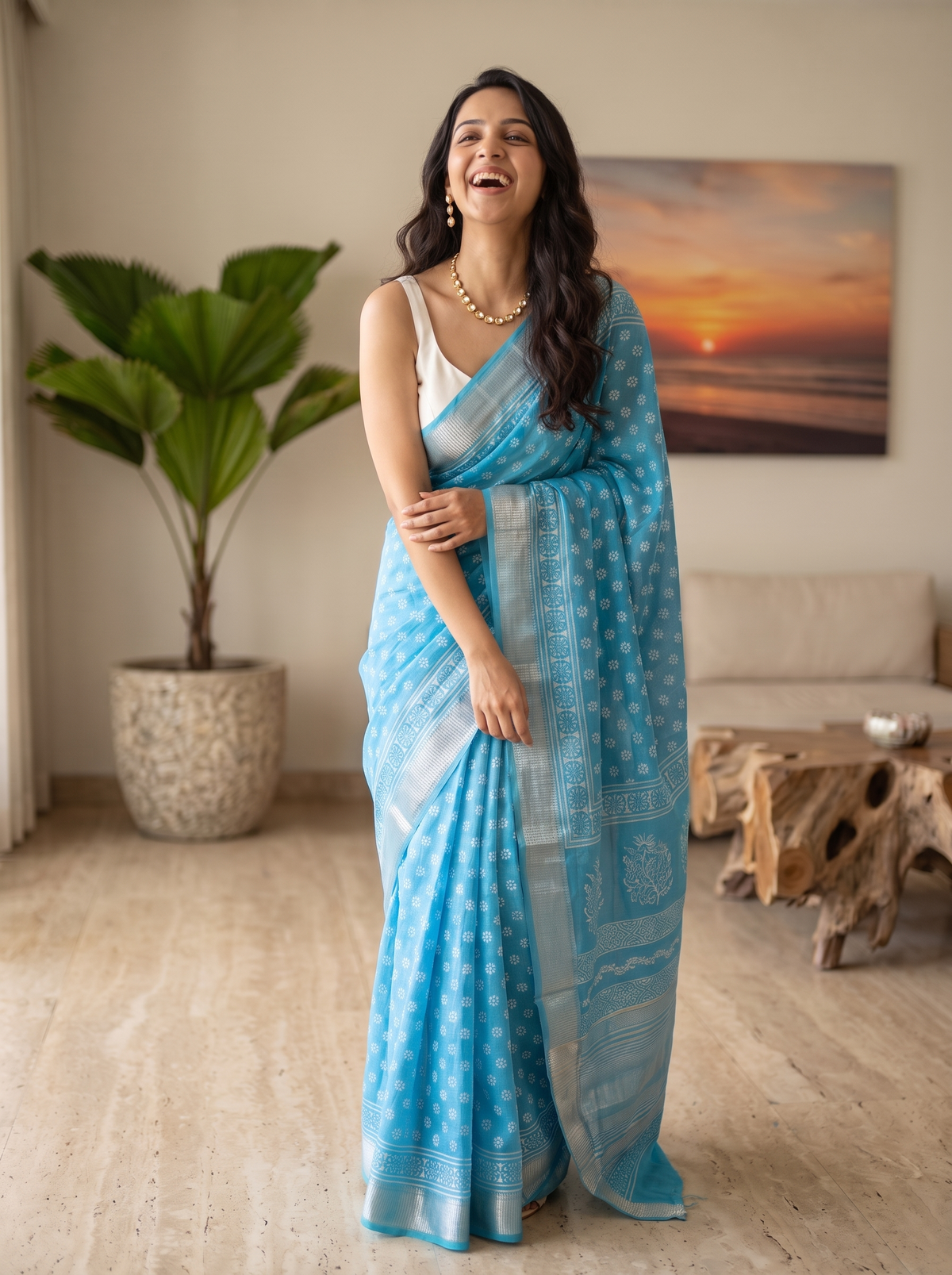 Celestial Blue Maheshwari Cotton Silk Saree