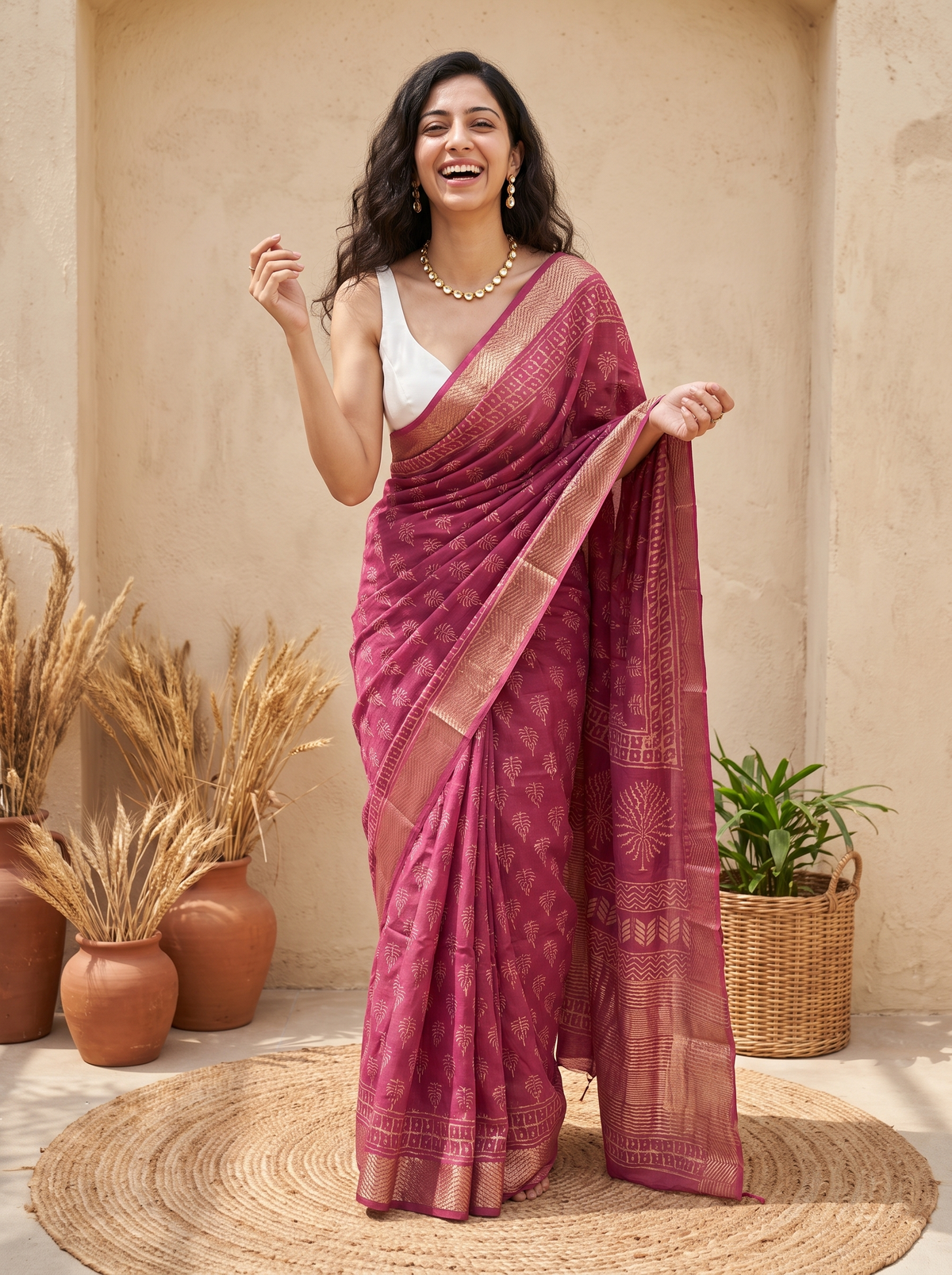 Rose Rang Maheshwari Cotton Silk Saree