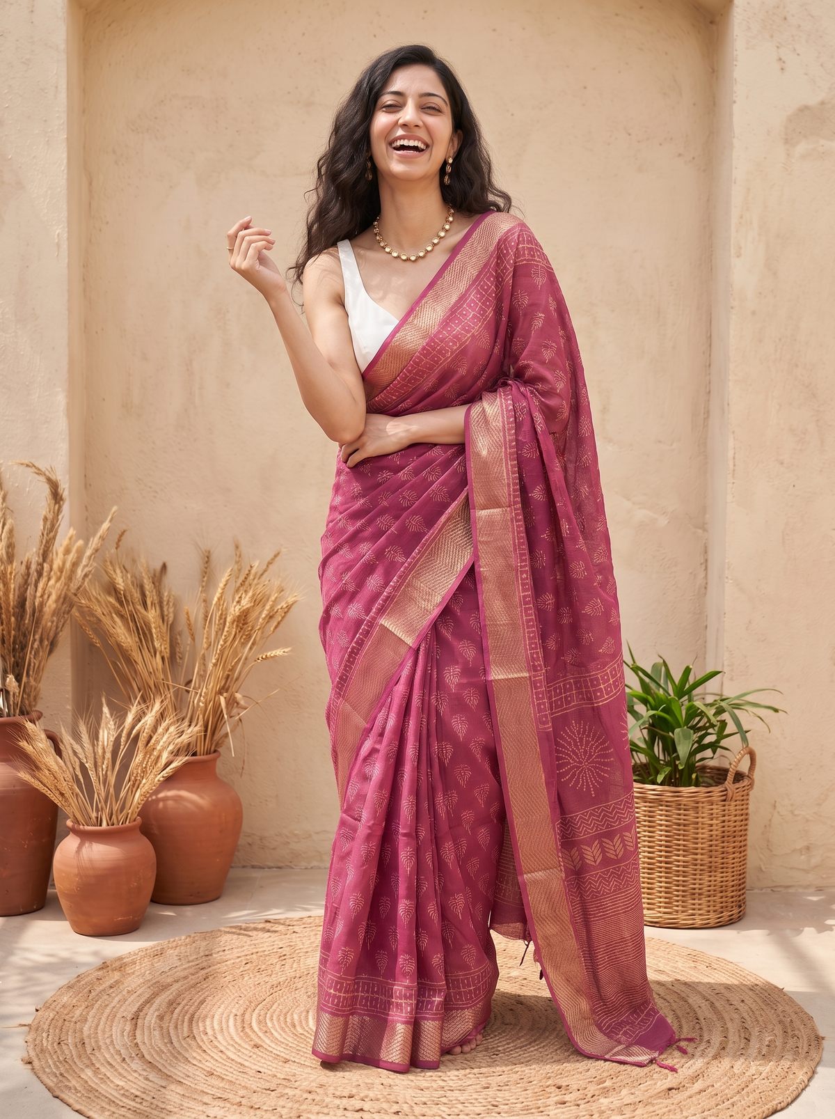 Rose Rang Maheshwari Cotton Silk Saree