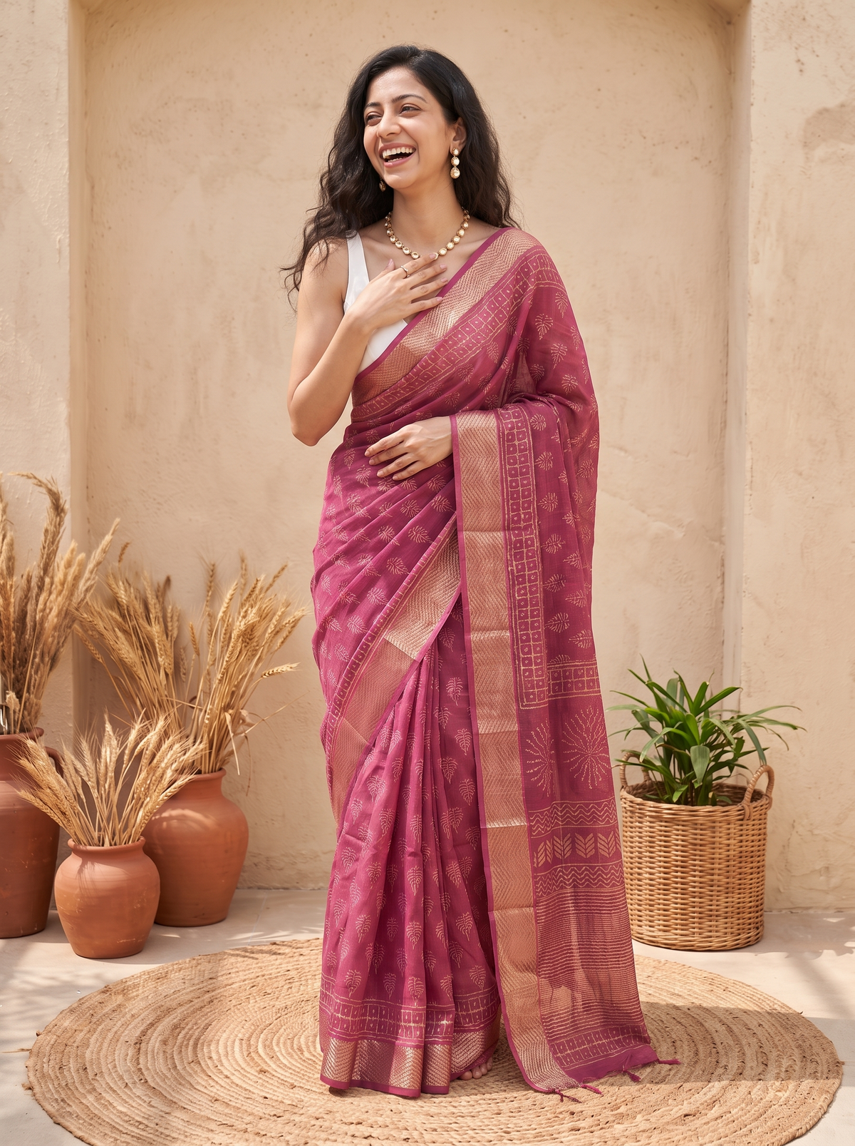 Rose Rang Maheshwari Cotton Silk Saree