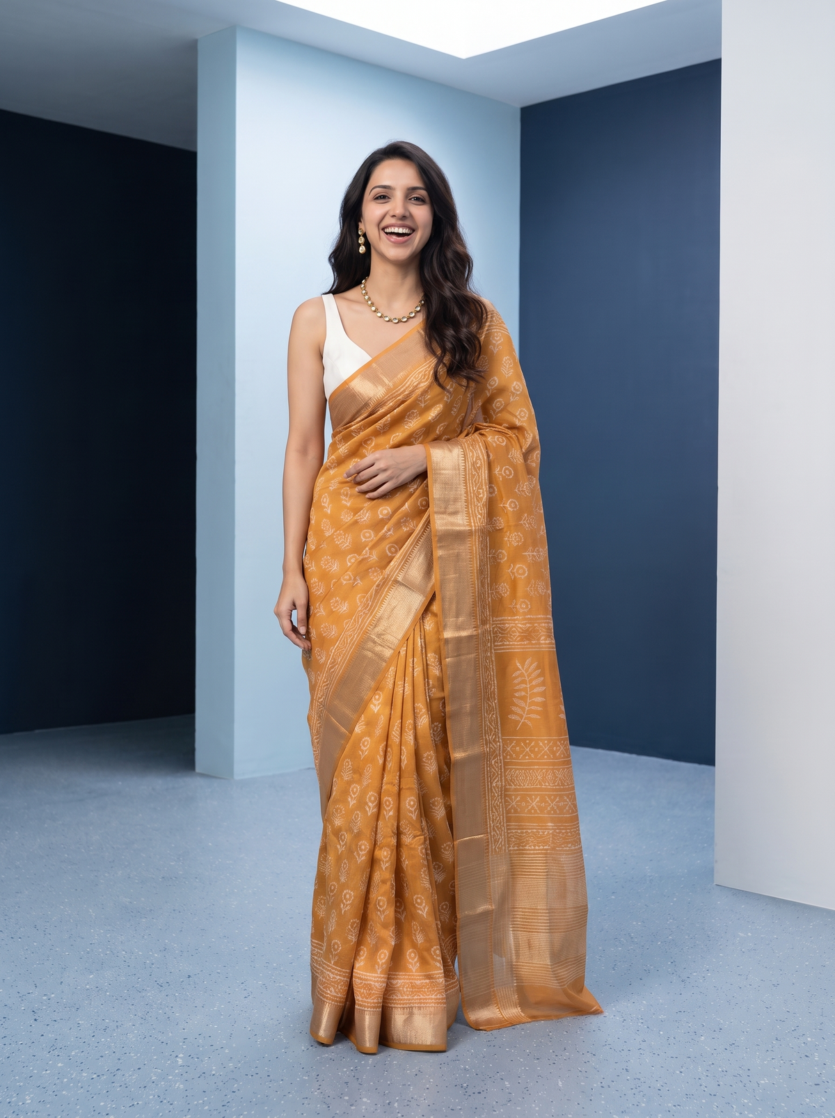 Mellow Gold Maheshwari Cotton Silk Saree
