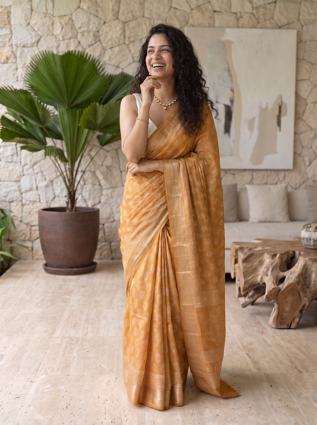 Mogra Gold Maheshwari Cotton Silk Saree