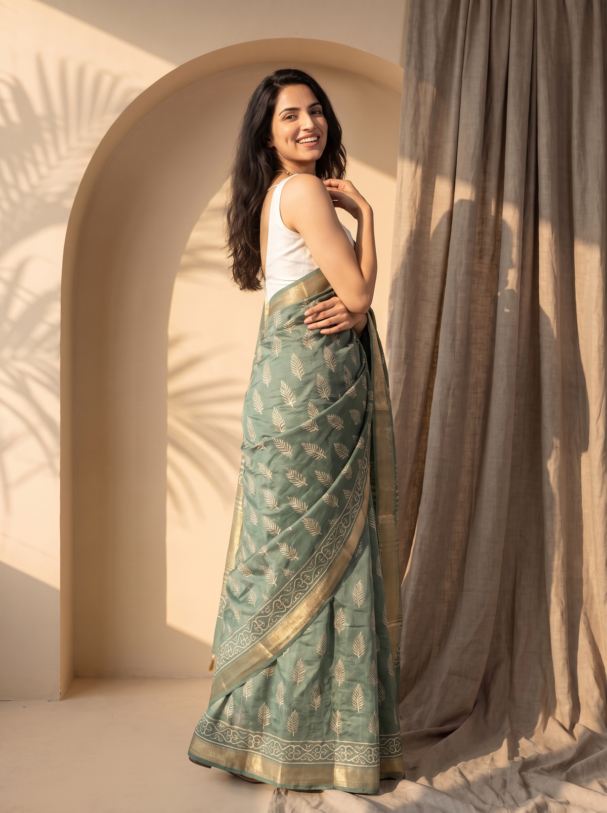 Green Shabnam Maheshwari Cotton Silk Saree