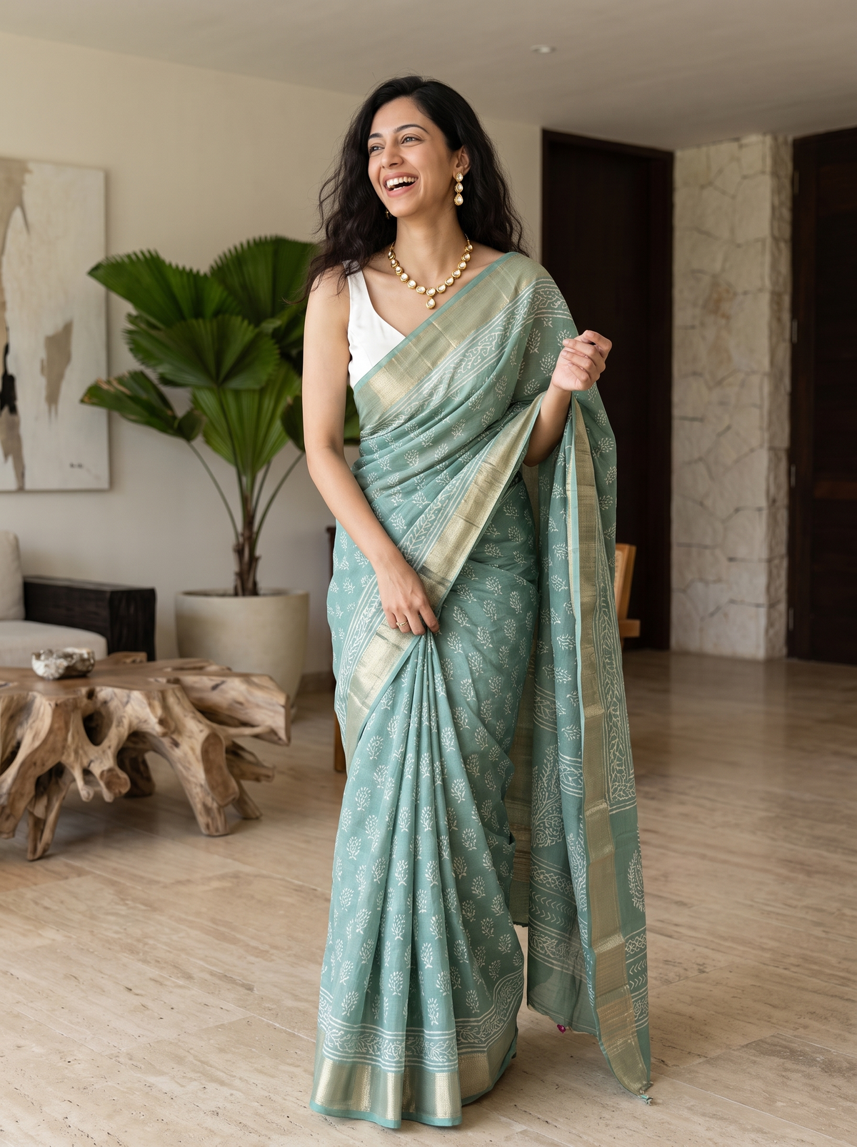 Pistachio Pearl Maheshwari Cotton Silk Saree