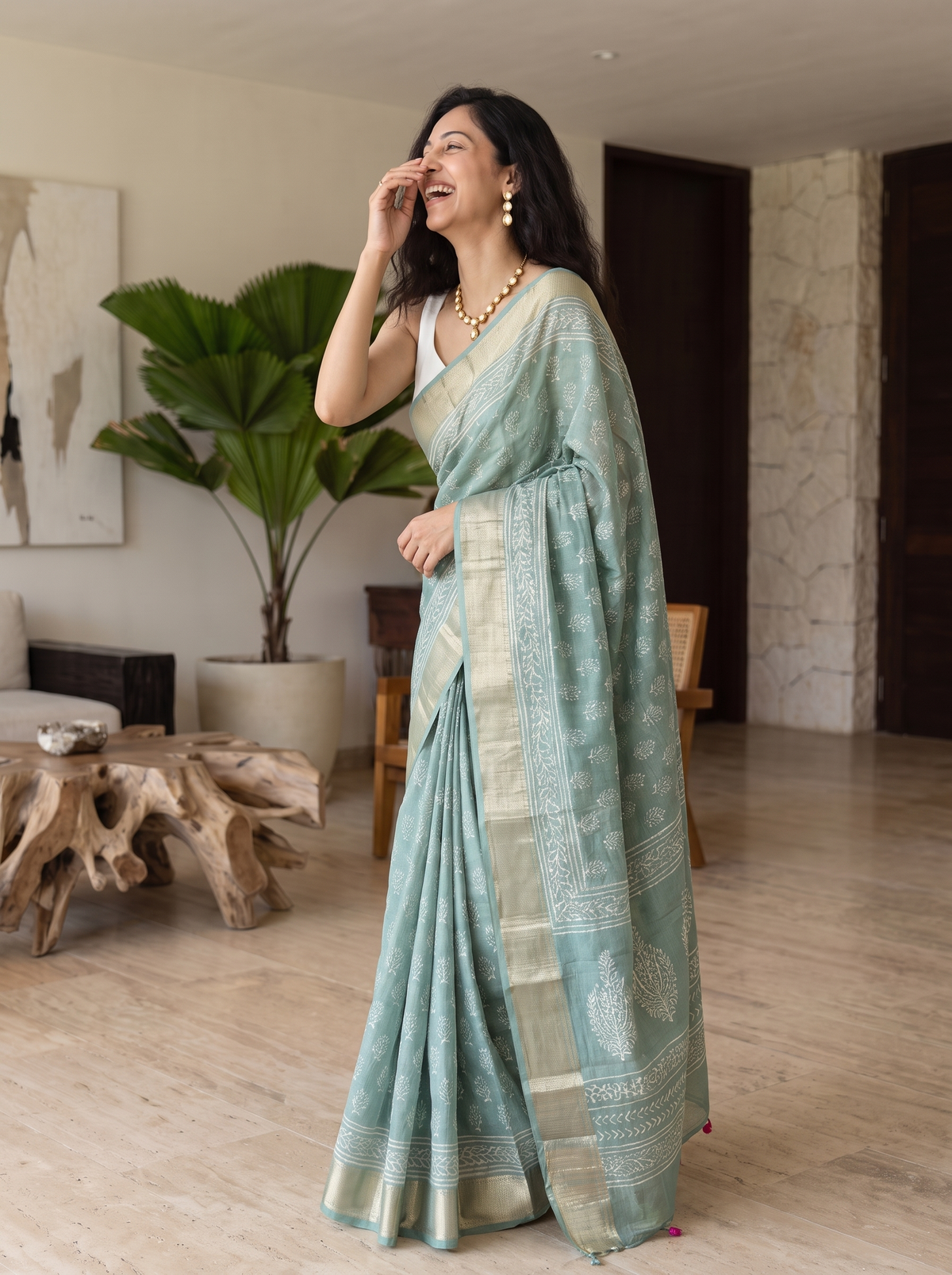 Pistachio Pearl Maheshwari Cotton Silk Saree