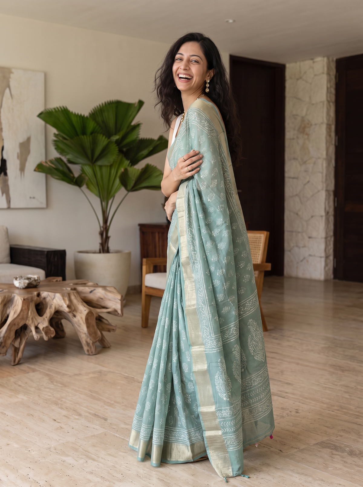 Pistachio Pearl Maheshwari Cotton Silk Saree