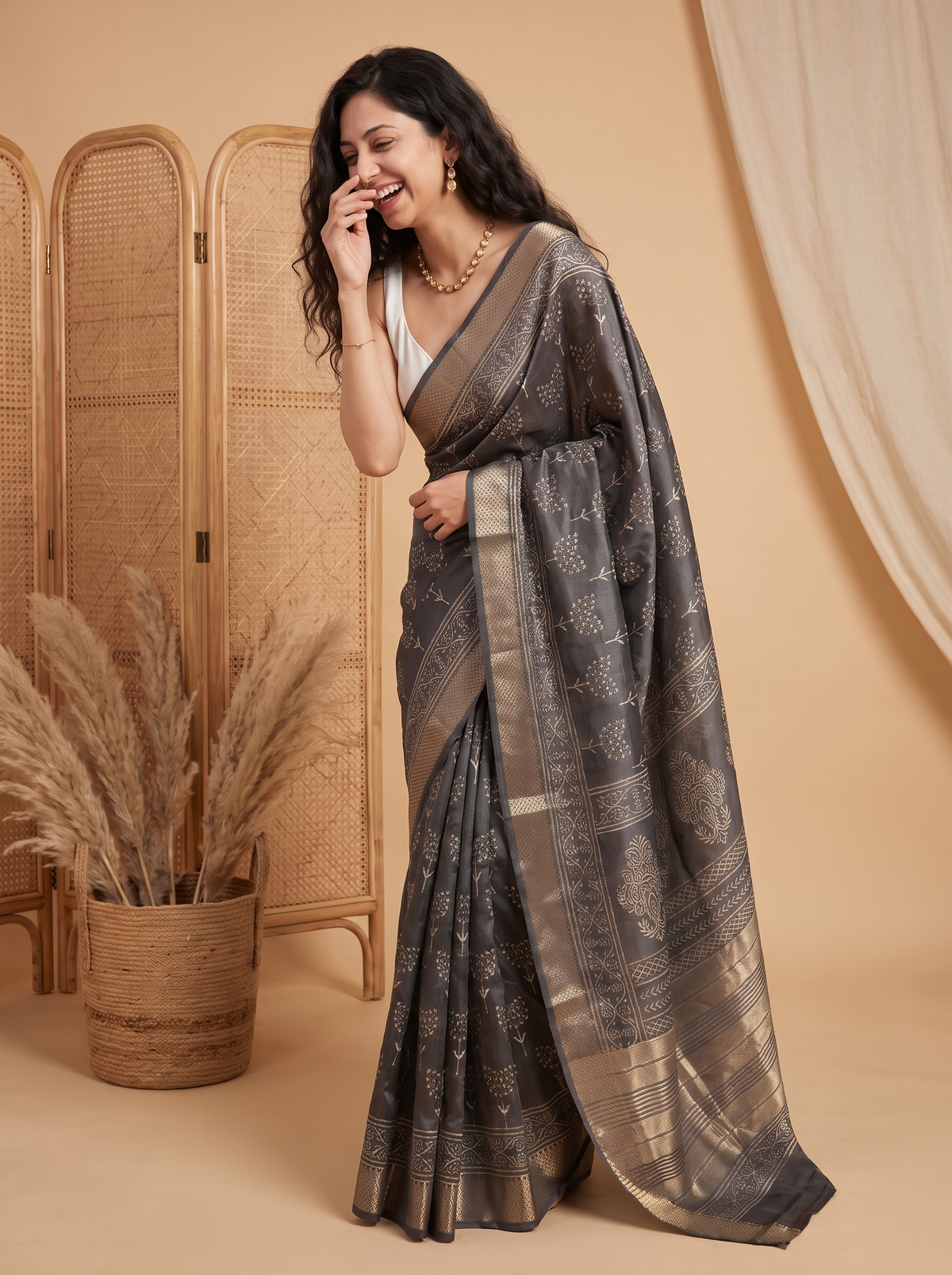 Smoky Rose Maheshwari Cotton Silk Saree