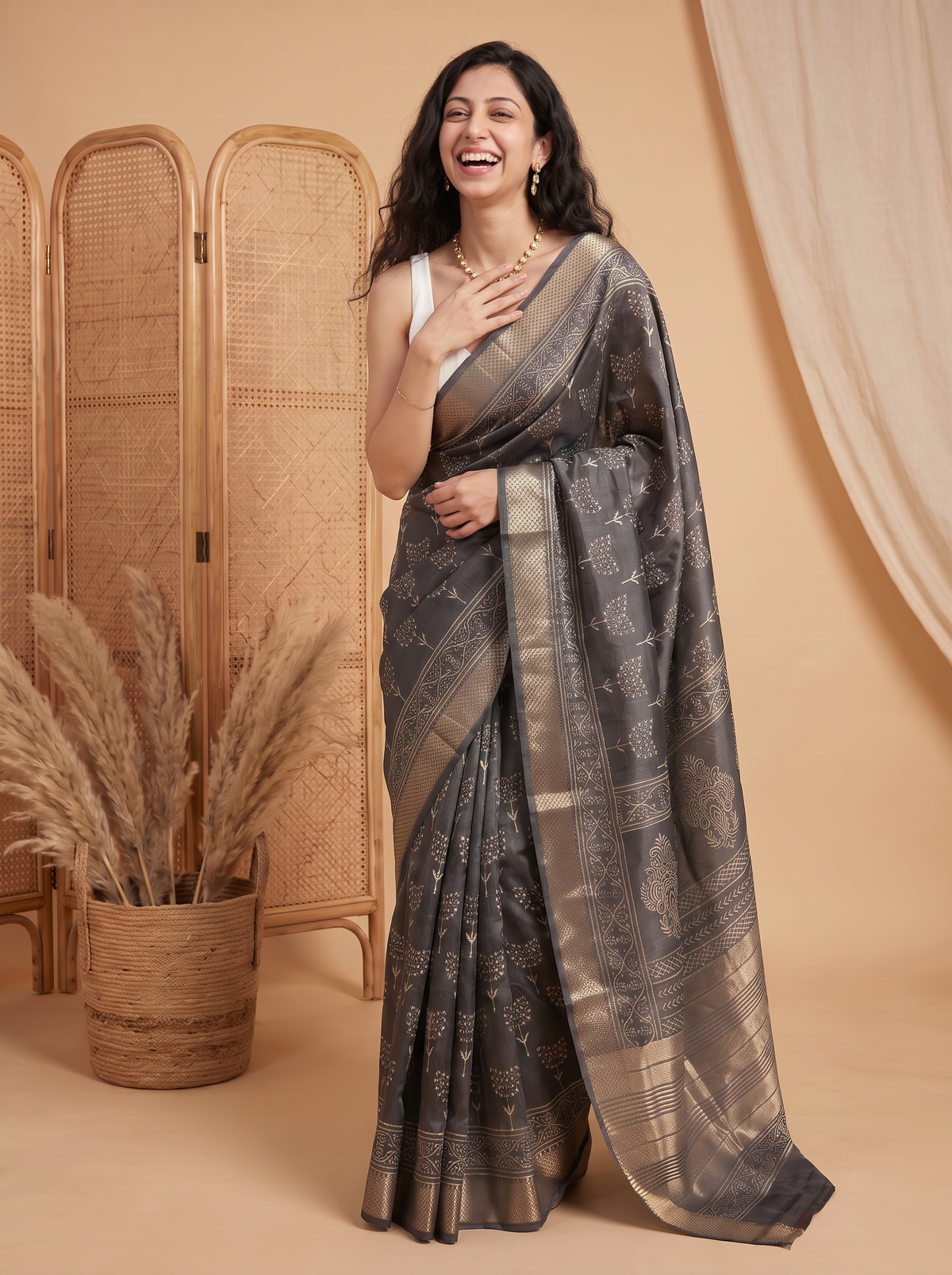 Smoky Rose Maheshwari Cotton Silk Saree