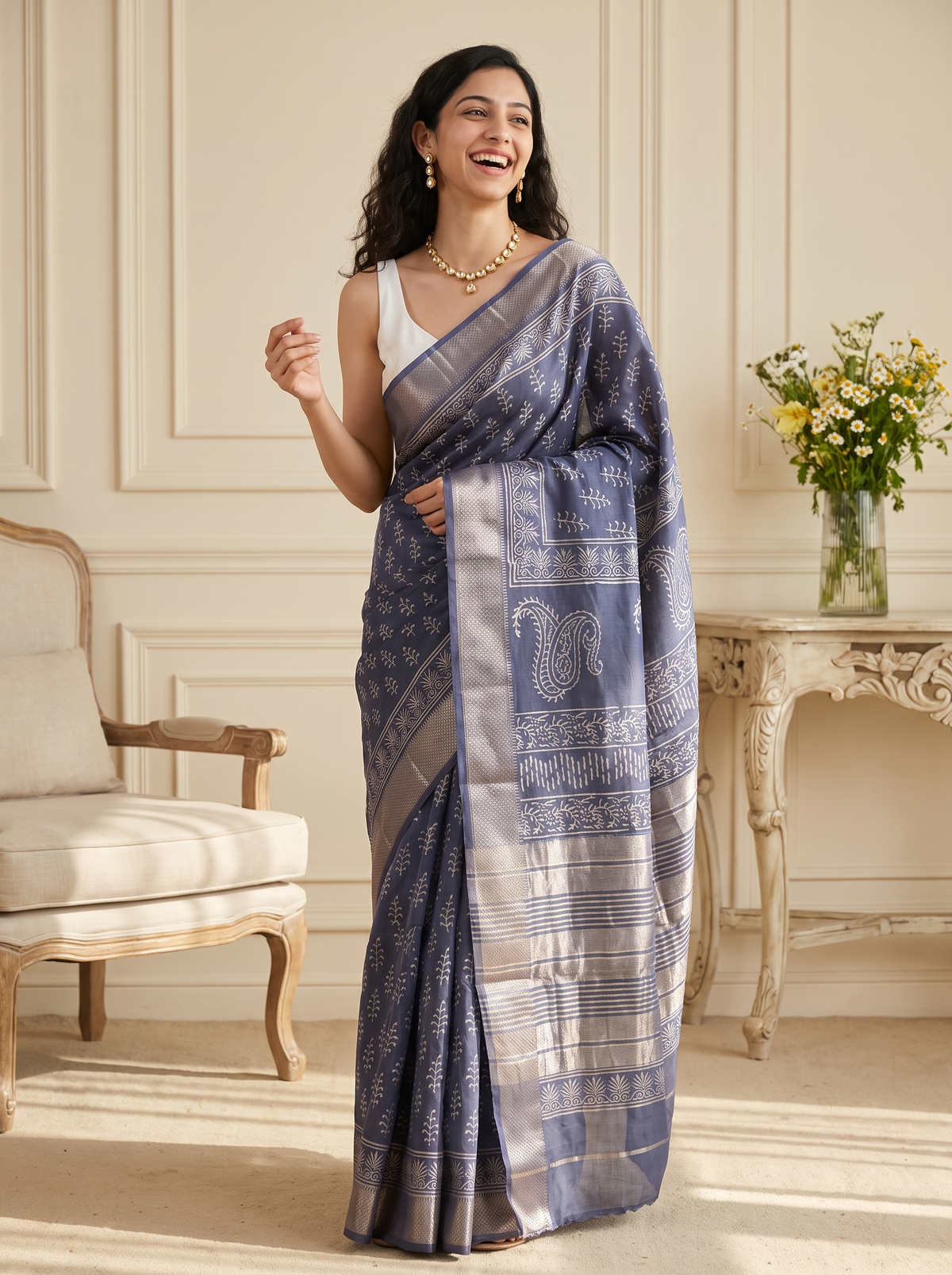 Silver Noor Maheshwari Cotton Silk Saree