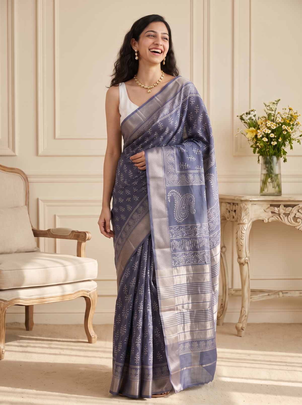 Silver Noor Maheshwari Cotton Silk Saree