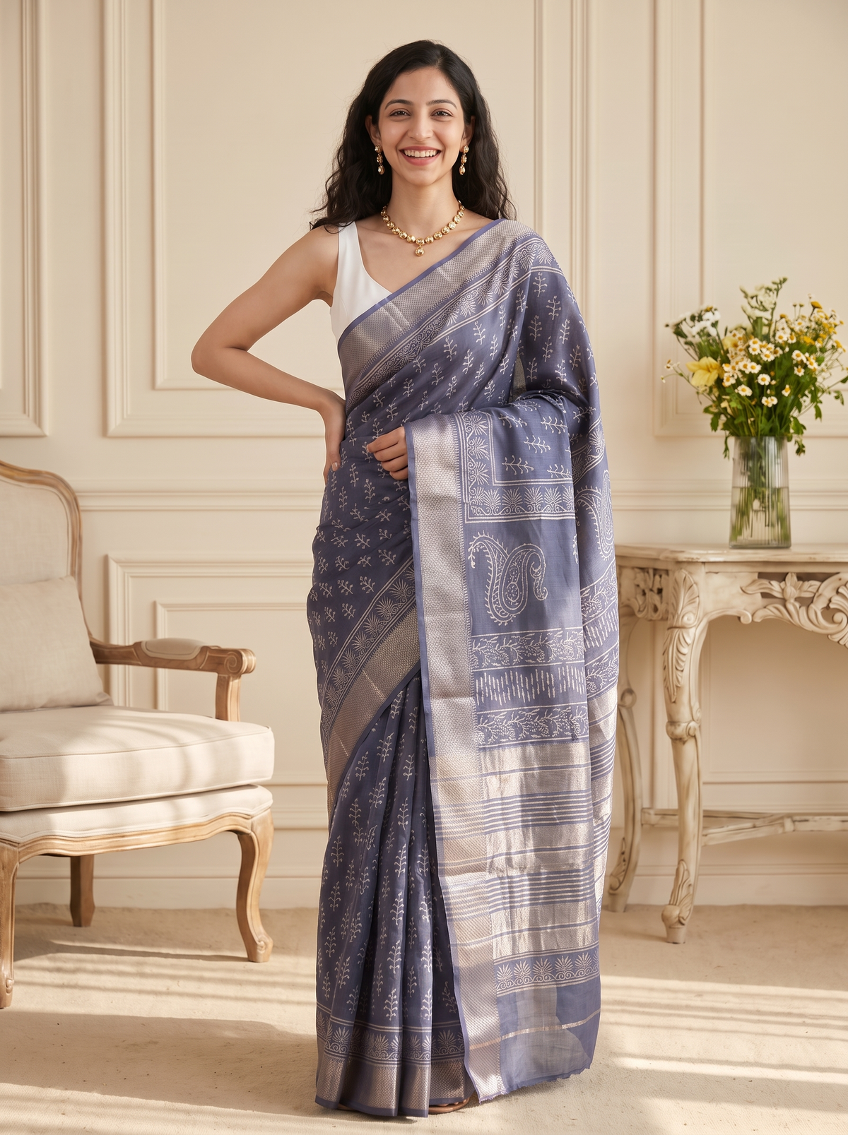 Silver Noor Maheshwari Cotton Silk Saree