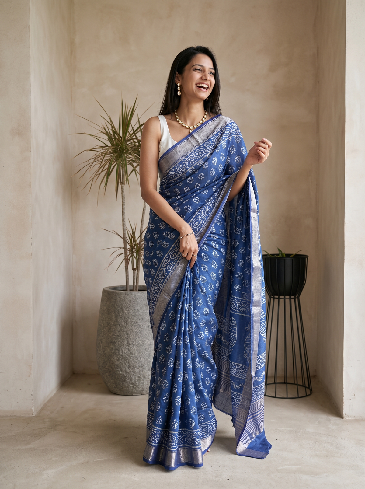 Indigo Royale Maheshwari Cotton Silk Saree