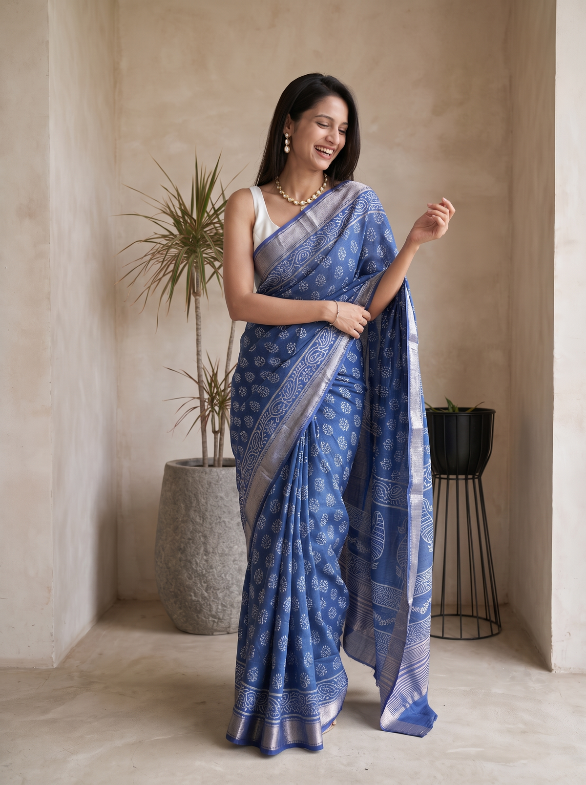 Indigo Royale Maheshwari Cotton Silk Saree