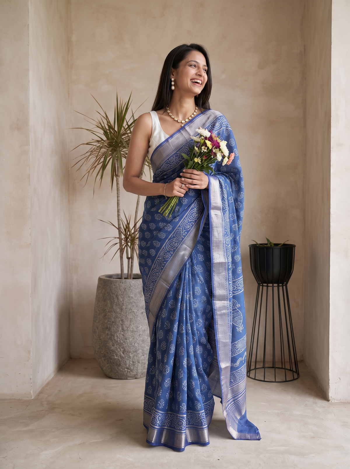 Indigo Royale Maheshwari Cotton Silk Saree