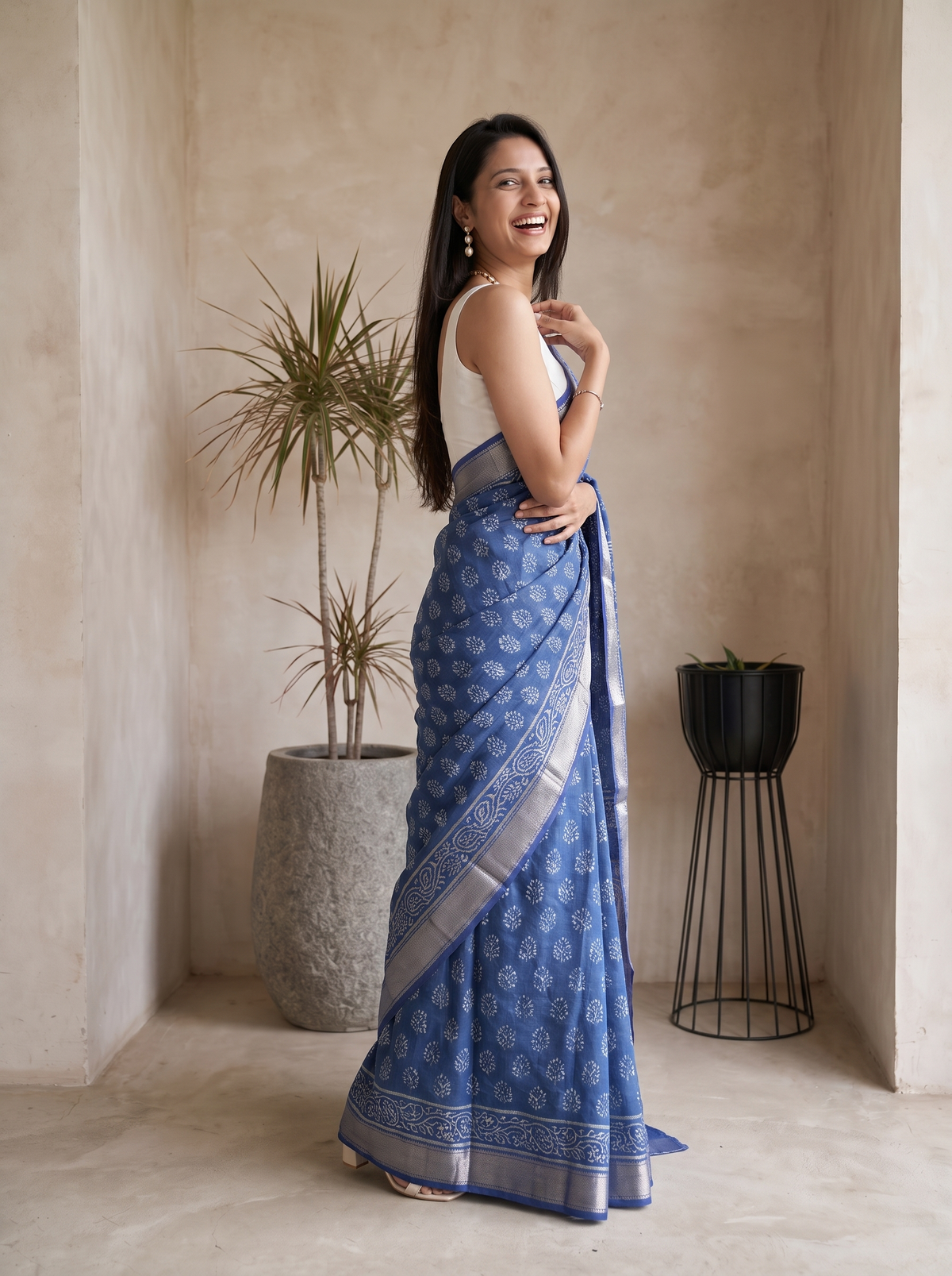 Indigo Royale Maheshwari Cotton Silk Saree