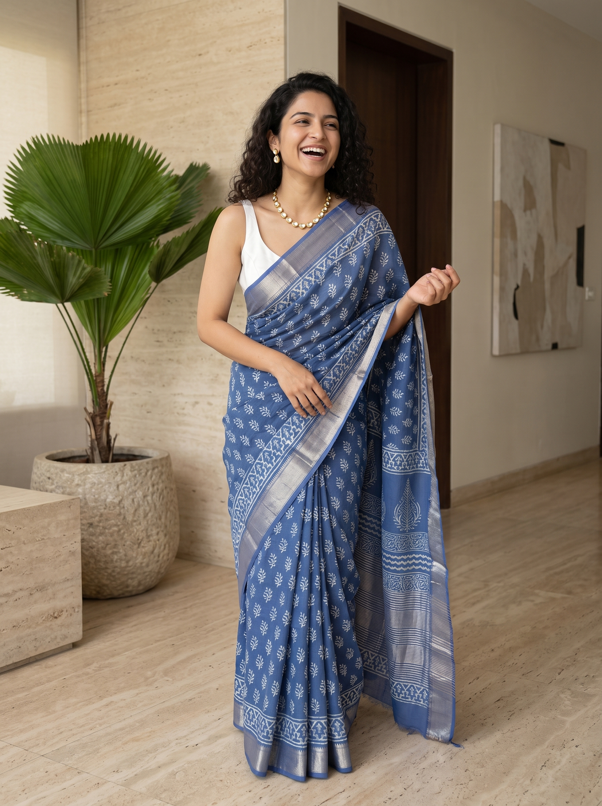 Misty Blue Maheshwari Cotton Silk Saree