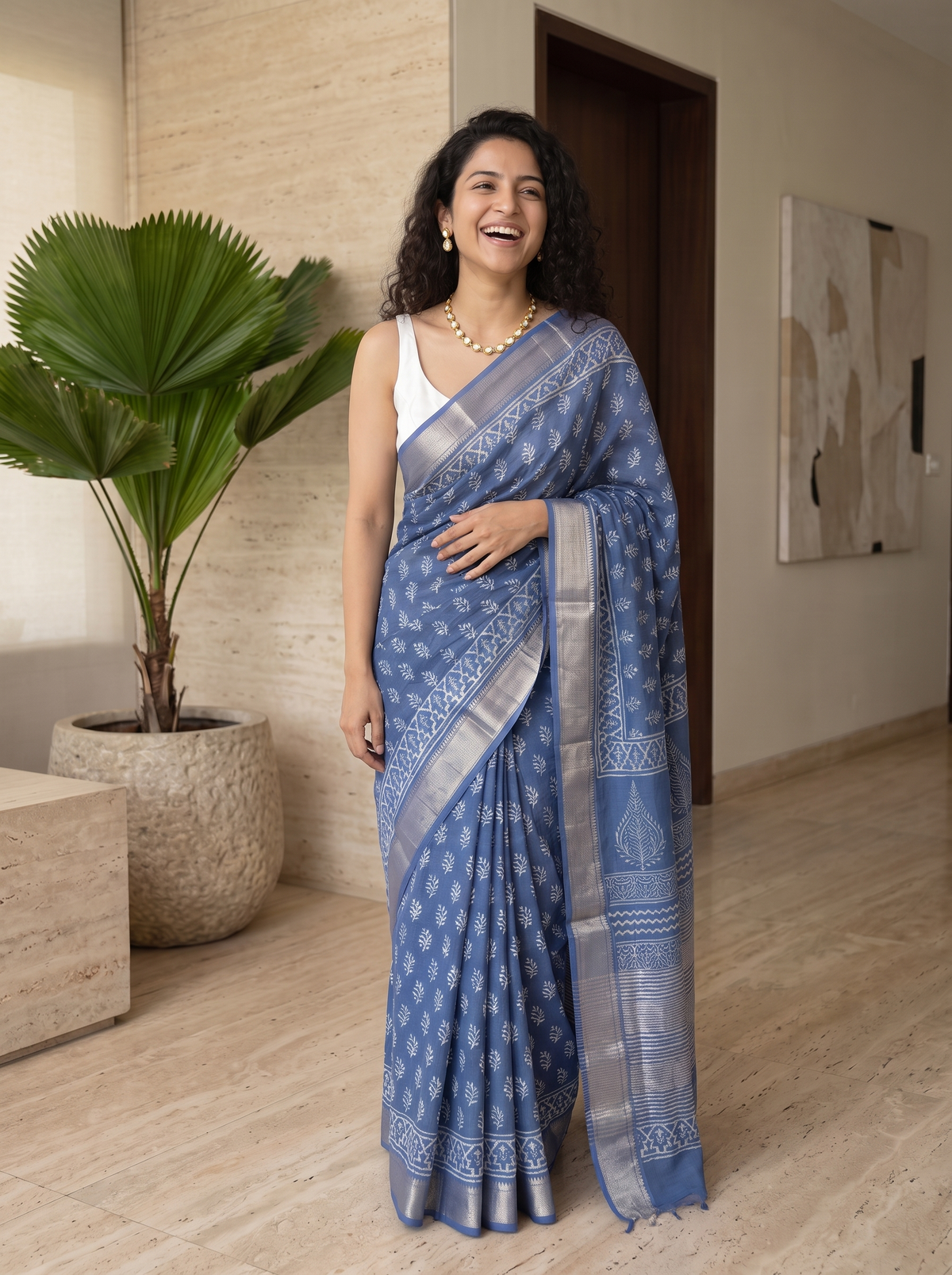 Misty Blue Maheshwari Cotton Silk Saree