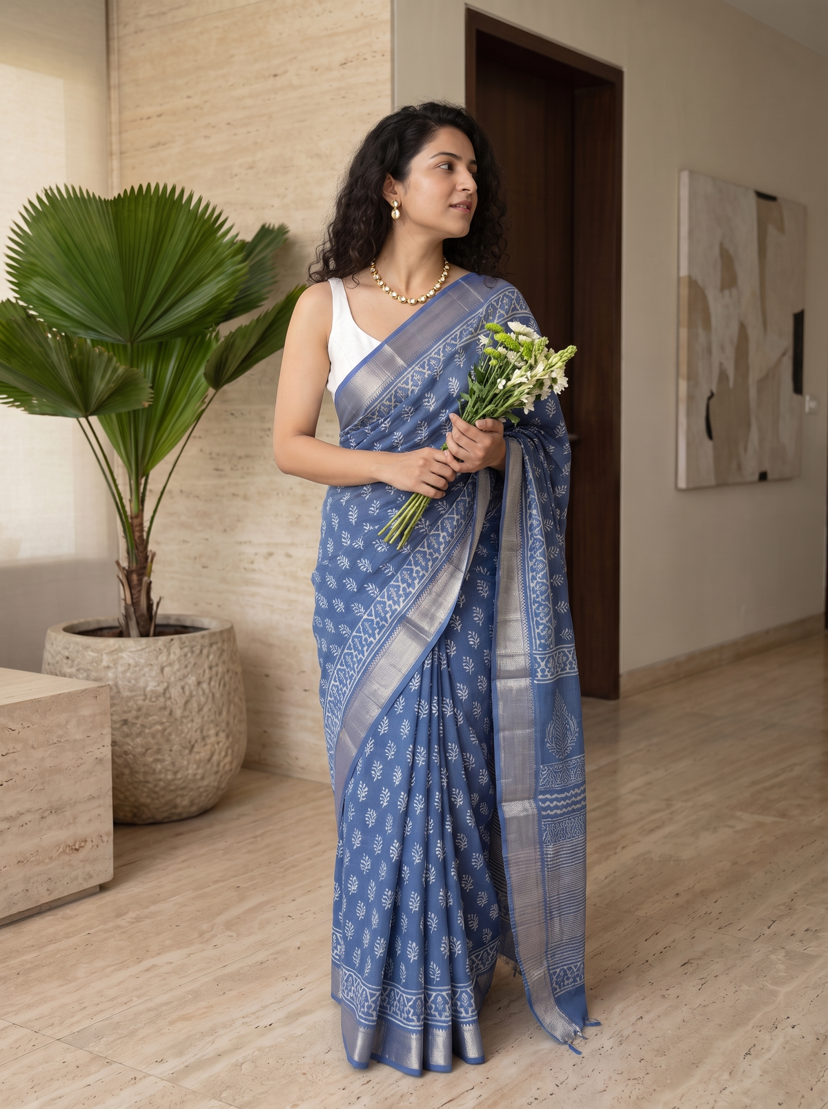 Misty Blue Maheshwari Cotton Silk Saree