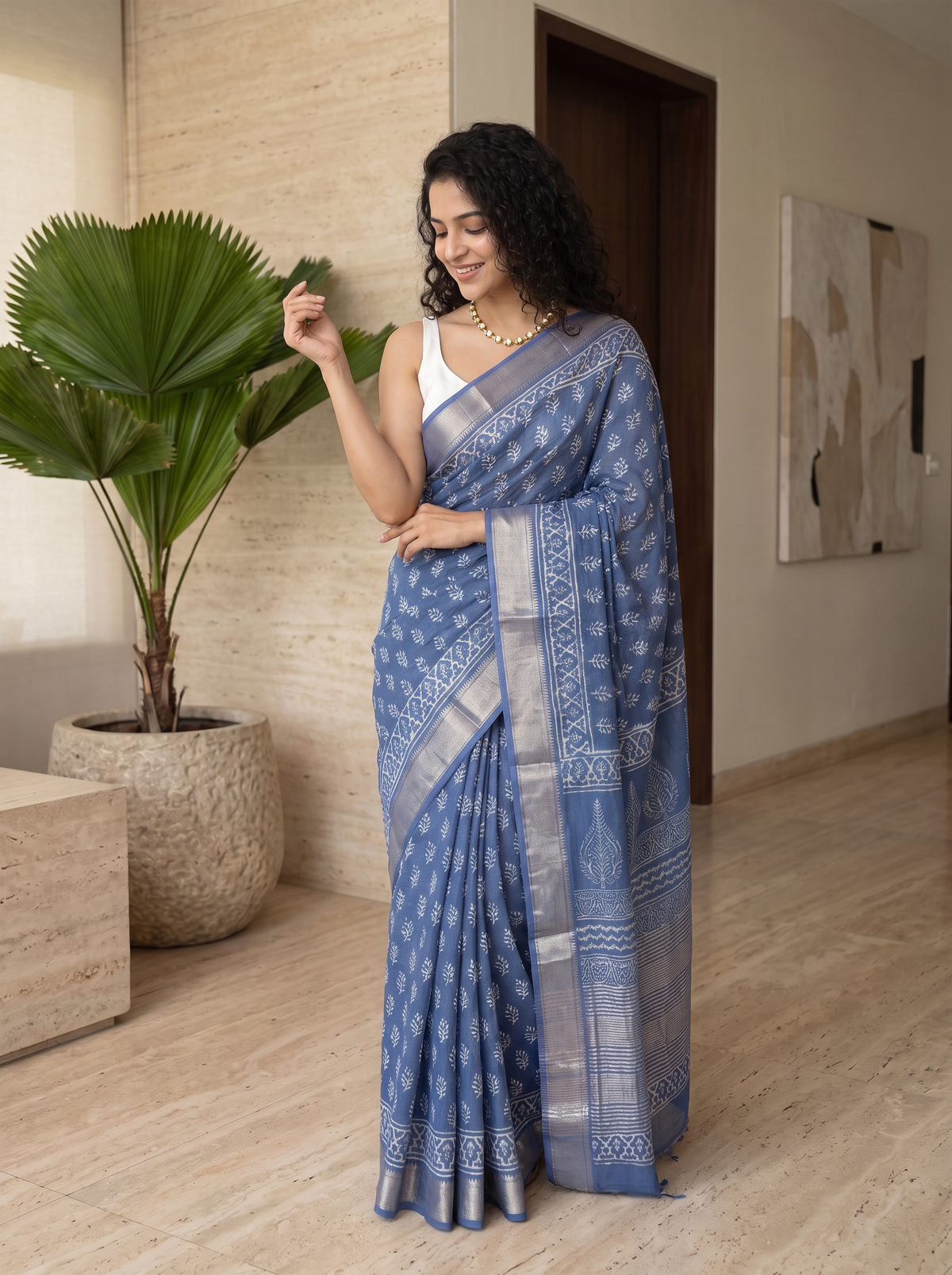 Misty Blue Maheshwari Cotton Silk Saree