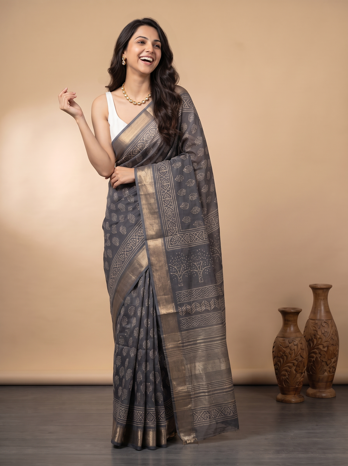 Silver Grey Maheshwari Cotton Silk Saree