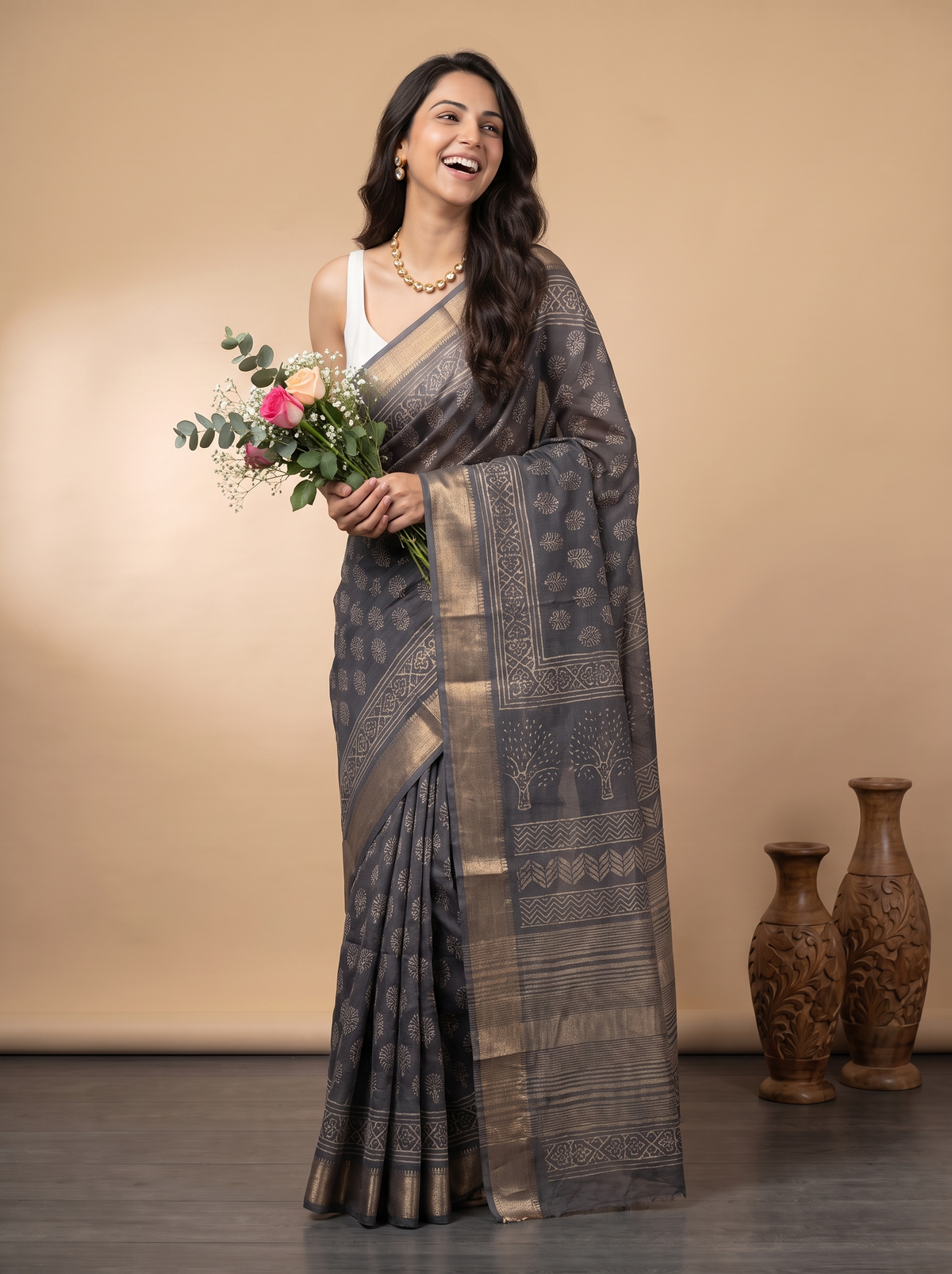 Silver Grey Maheshwari Cotton Silk Saree